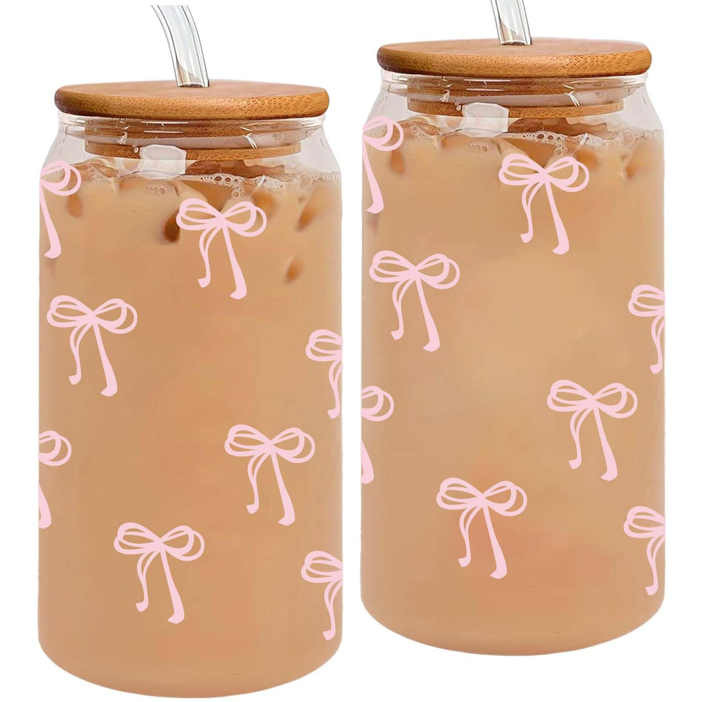 SNIBIUNO Cute Pink Bow Glass Cups with Lids and Straws, Aesthetic Iced Coffee Cup, Girly Preppy Design Tumbler Mug, Birthday Valentines Christmas Gifts for Women, Teen Girl Gifts Trendy Stuff