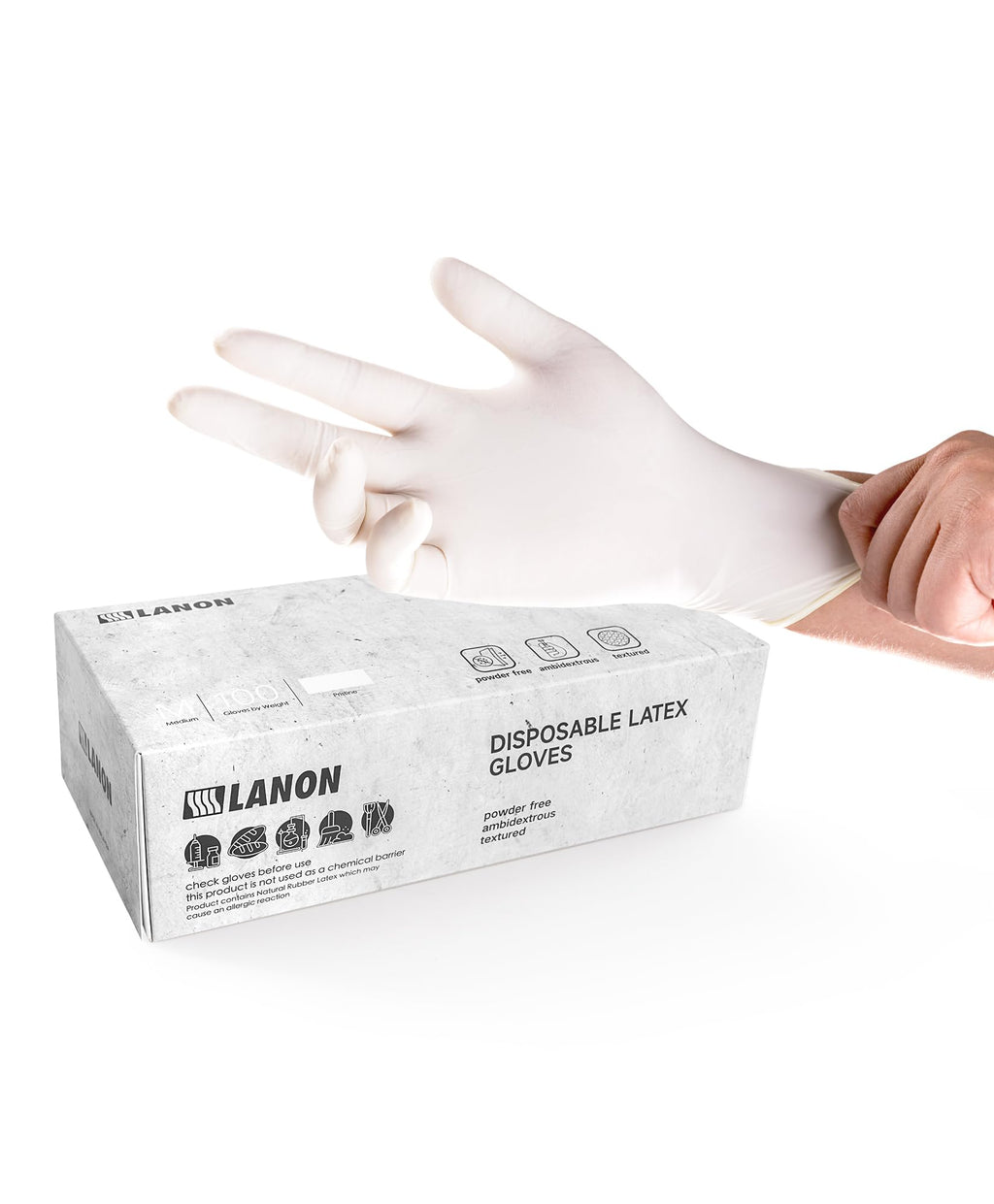 LANON 5-mil Natural Disposable Latex Gloves, Food-Contact Grade, Powder-Free, Fully Textured, for Cooking,Cleaning, Industries, White,Medium