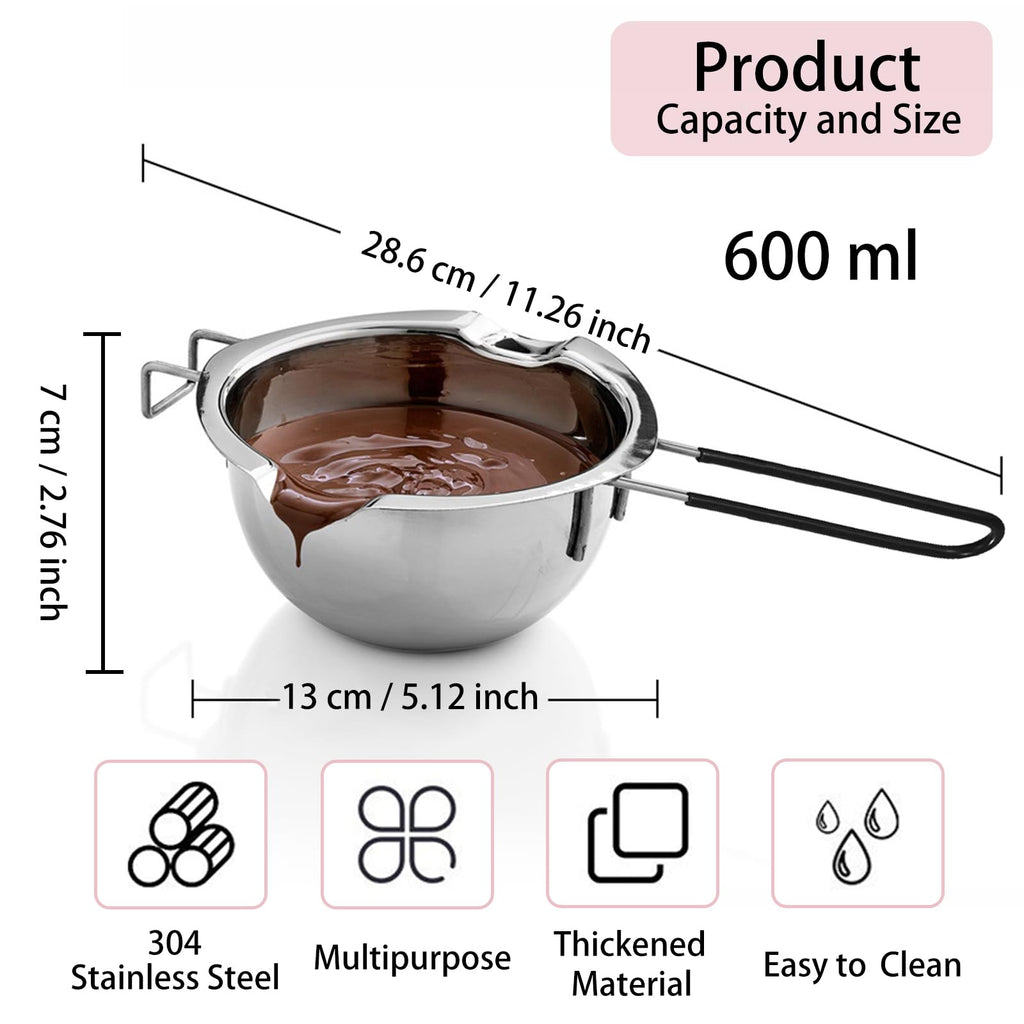 Uhuida 600ml Double Boiler, 304 Stainless Steel Bain Marie, Chocolate Melts Pot with Stirring Spoon, Stove Top Double Boilers for Butter, Candy, Cheese, Candles(Silver)