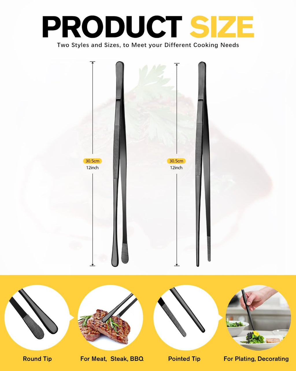 2 Pcs 12-Inch Kitchen Tweezers Fine Tweezer Tongs, Stainless Steel Professional Long Cooking Tweezers for BBQ, Sea Food, Repairing and Serving (Black)