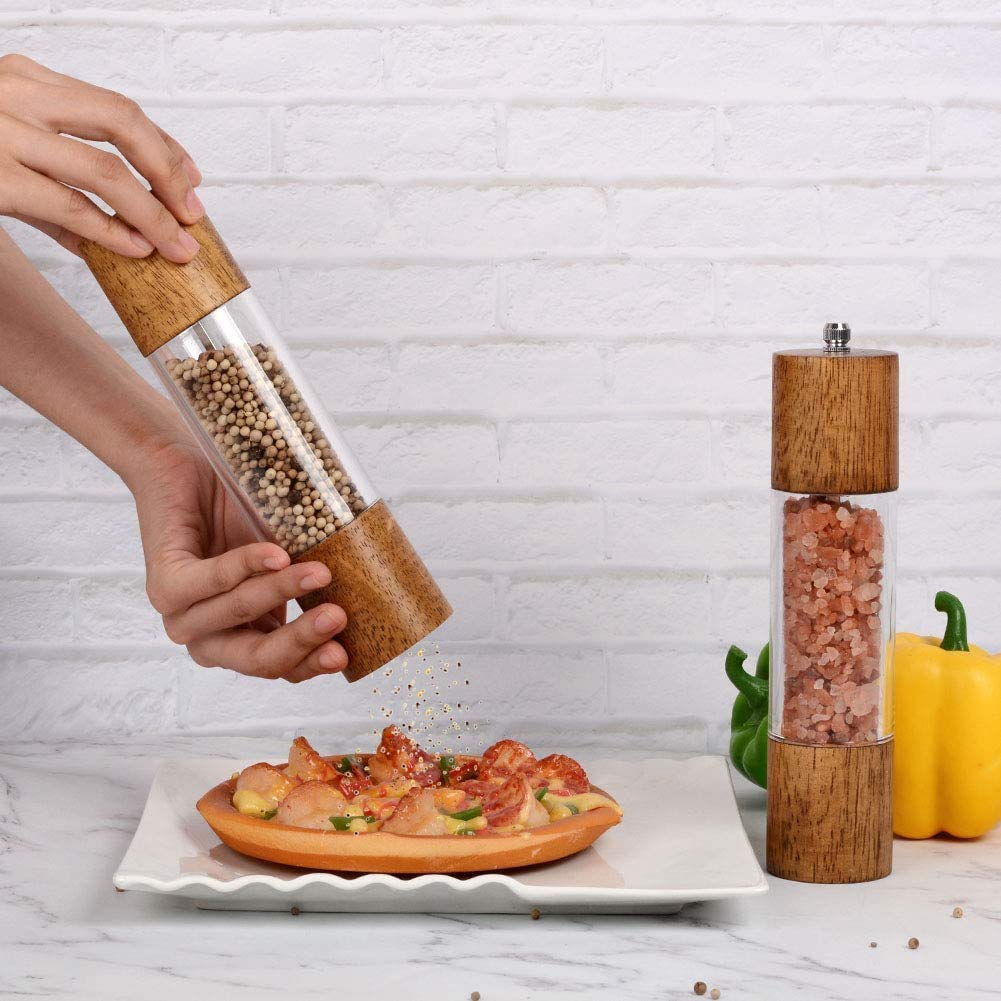Haomacro Premium Acrylic Salt and Pepper Grinder Set, Manual Salt and Pepper Mills - Wooden Salt Shakers with Adjustable Ceramic Core-Salt Grinder and Pepper Mill - 8 Inches - 2 Pack