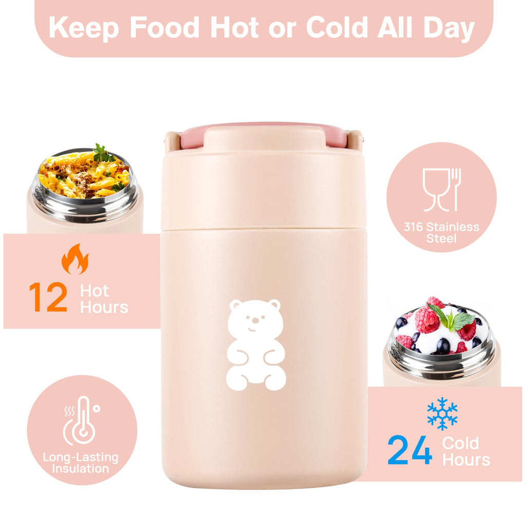 Thermo Food Container - 600ML Insulated Lunch Box with Foldable Fork& Spoon, Leak Proof Food Thermo, Portable Wide Mouth Soup Container for Outdoors, Indoors, Office, Picnic (Pink)