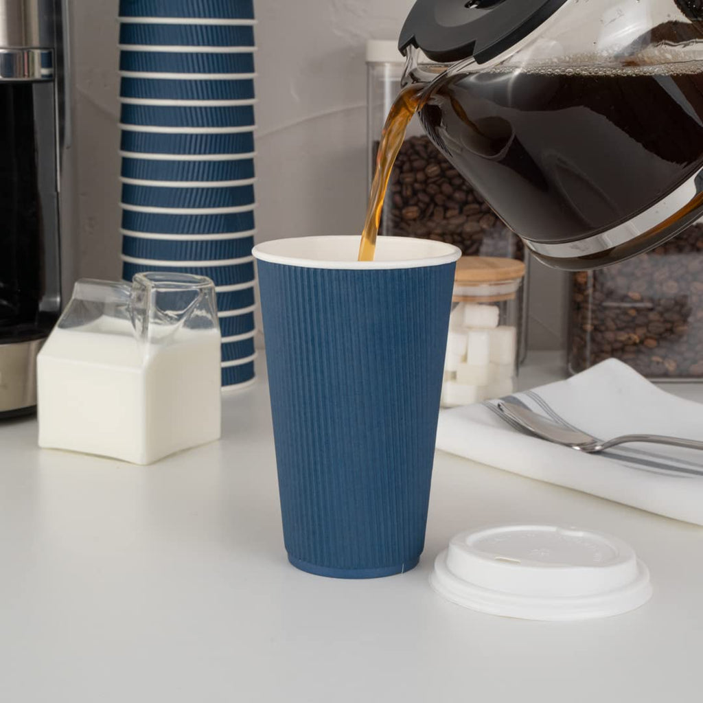 Restaurantware Ripple Wall Coffee Cups 25 Count 16 Ounce Insulated Midnight Blue Paper Cups, Rolled Rim Spill-Resistant Disposable Paper Non-Slip for Coffee, Beverages