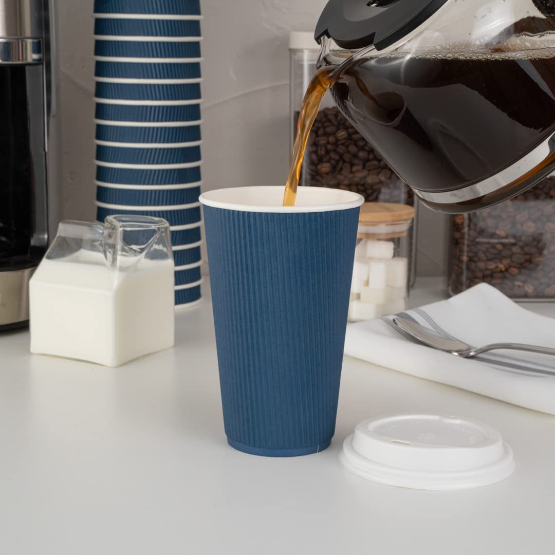 Restaurantware Ripple Wall Coffee Cups 25 Count 16 Ounce Insulated Midnight Blue Paper Cups, Rolled Rim Spill-Resistant Disposable Paper Non-Slip for Coffee, Beverages