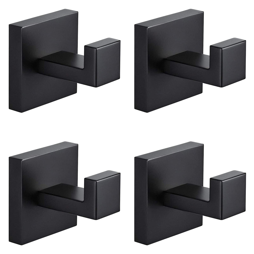 Menbyci 4 Pack Bathroom Towel Hooks, Screw-in Square Matte Black Wall Hooks Robe Hook, Anti-Rust SUS304 Stainless Steel Heavy-Duty Door Hanger Coat Hook, Sturdy for Bathroom/Bedroom/Kitchen/Hotel
