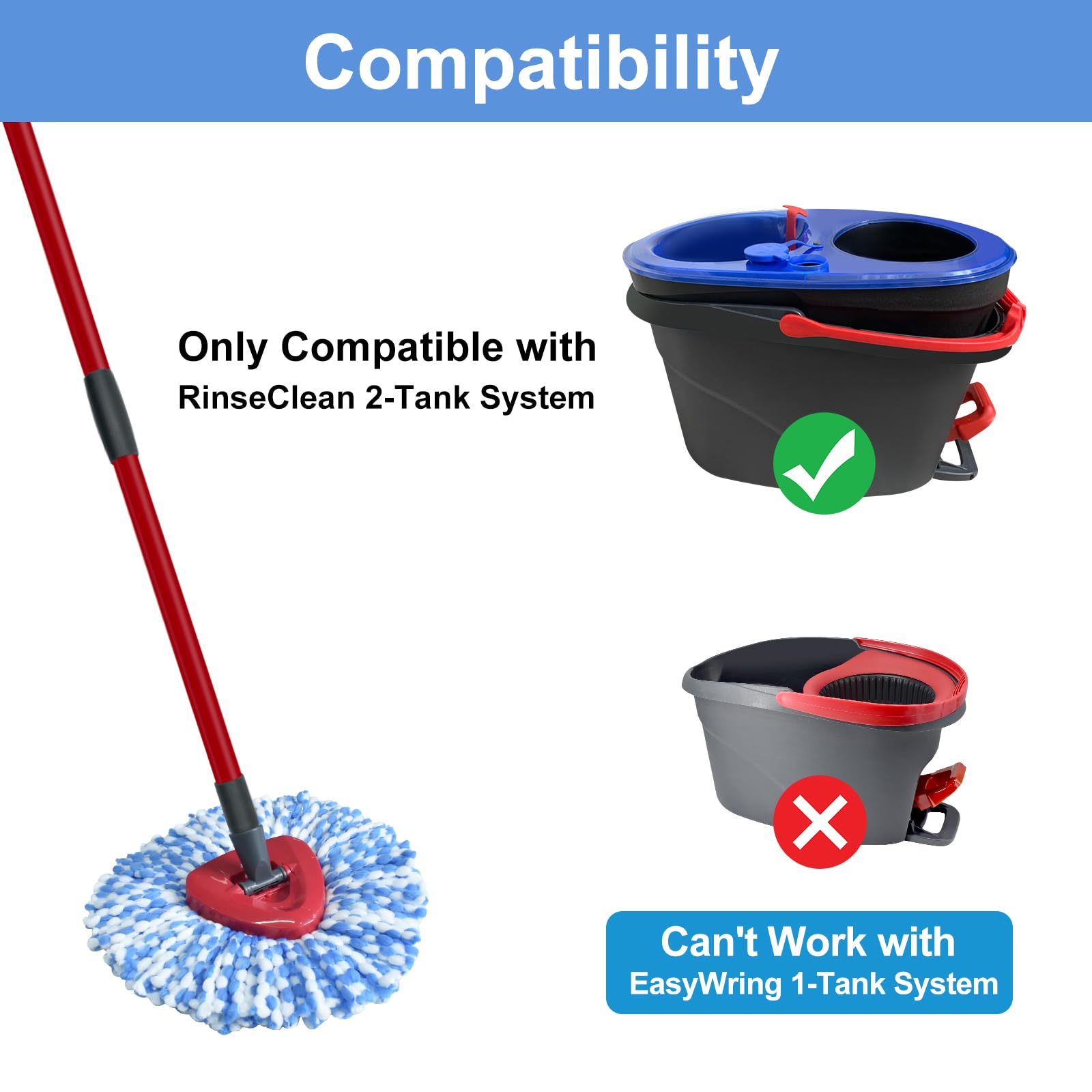 Spin Mop Replace Head, Mop Handle and Base Compatible with Vileda RinseClean 2-Tank System, 3 Mop Replacement Head, 4-Section Sturdy Iron 30-58in Mop Handle and 1 Triangle Mop Head Cover Combo Set