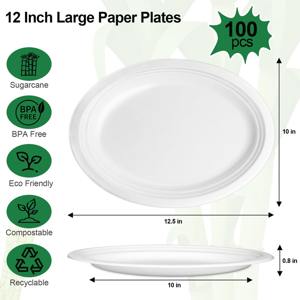 Uniecocus Oval Paper Plates 12 Inch, 100 Pack Large Heavy Duty Paper Plates, Eco Friendly Disposable Compostable Plates, White Dinner Plates Sturdy Strong for Party BBQ Picnic Outdoor