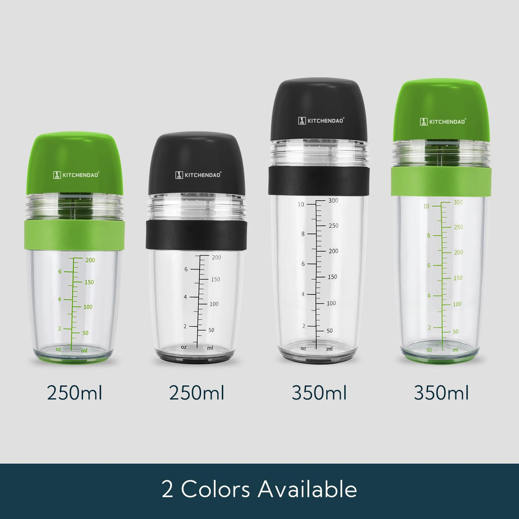 KITCHENDAO 2 in 1 Salad Dressing Shaker Container with Juicer, Pour Spout, Leakproof, Dishwasher Safe, BPA Free, Homemade Oil and Vinegar Salad Dressing Bottle Mixer Dispenser, 1-1/2 Cups (Black)