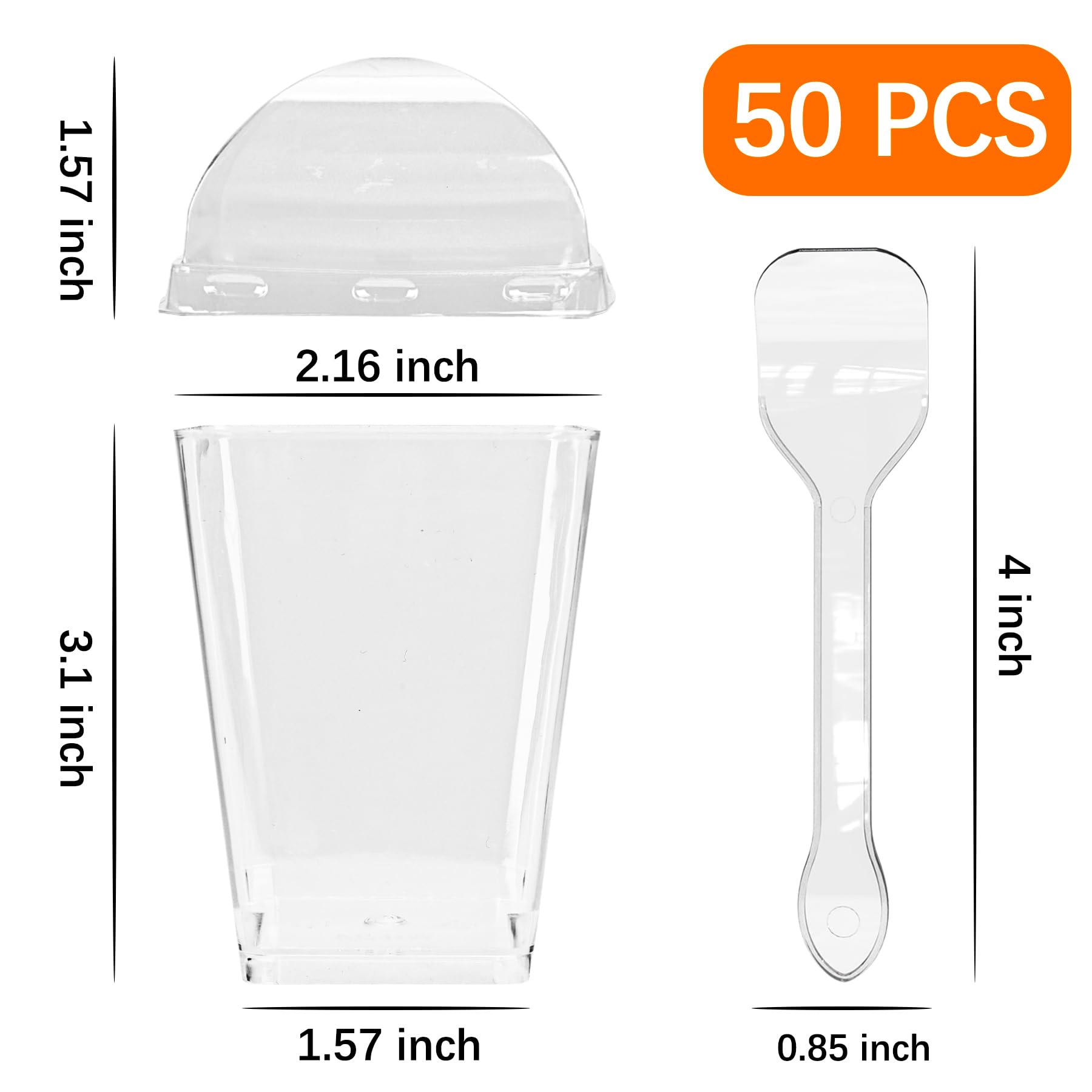 YunKo 5oz Square Clear Plastic Dessert Cups with Lids and Spoons,Mini Parfait Cups for Yogurt, Jello, Mousse,and Snacks,vasos para postres con tapa, 50 Pack
