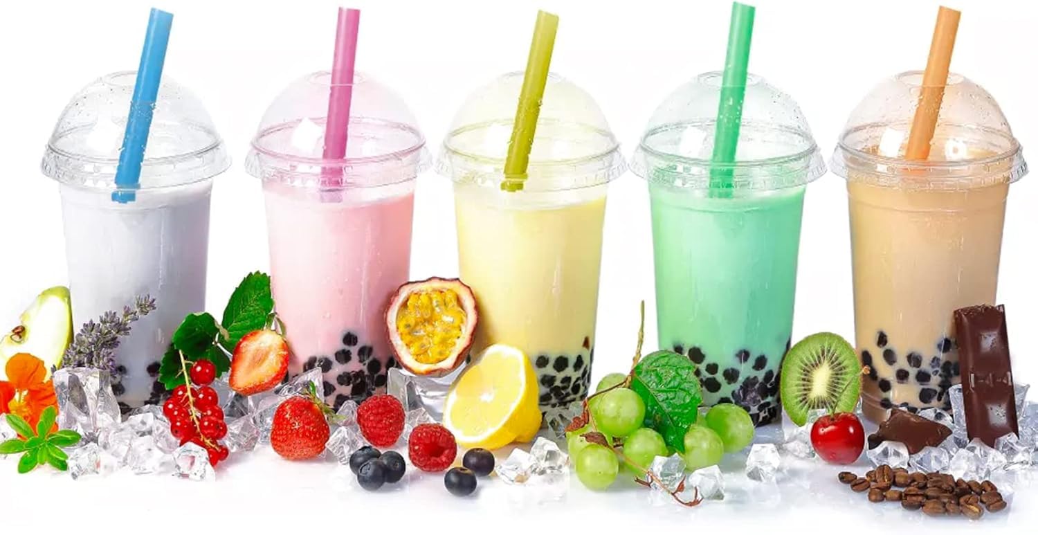 Okllen 100 Pcs 24 Oz Plastic PET Cups with Dome Lids, Disposable Clear Cold Drinking Cups Coffee Cups for Party, Plastic to Go Drinking Cup for Beverages, Smoothie, Milkshakes, Ice Cream, No Straw