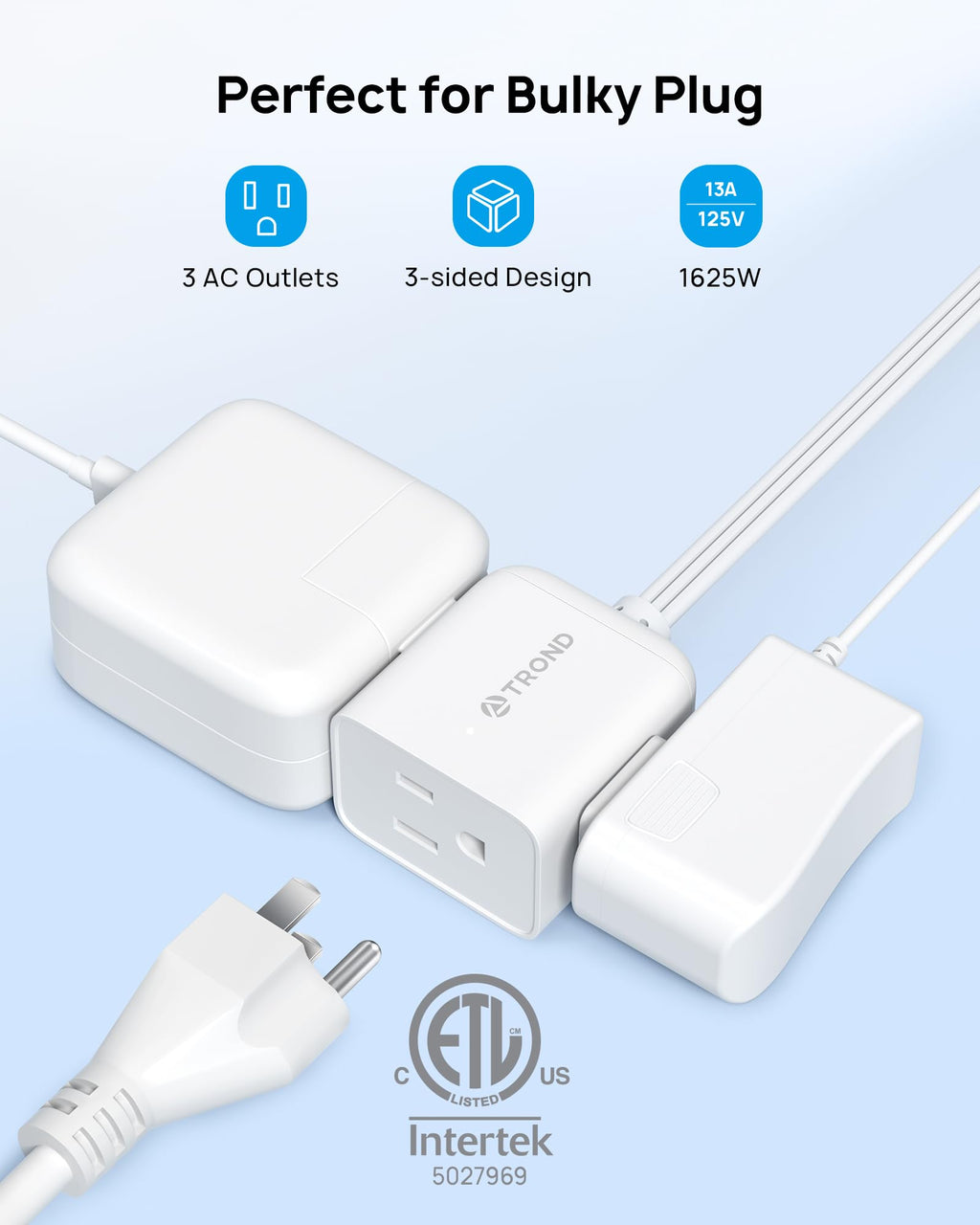 TROND 6ft Flat Extension Cord Indoor, 360° Rotating Plug Power Bar, 3 Way Outlets Extender, 13 Amps, 1625W, Small Flexible SPT 16/3 Cable Splitter for Hotel Cruise Ship Travel Essentials, White