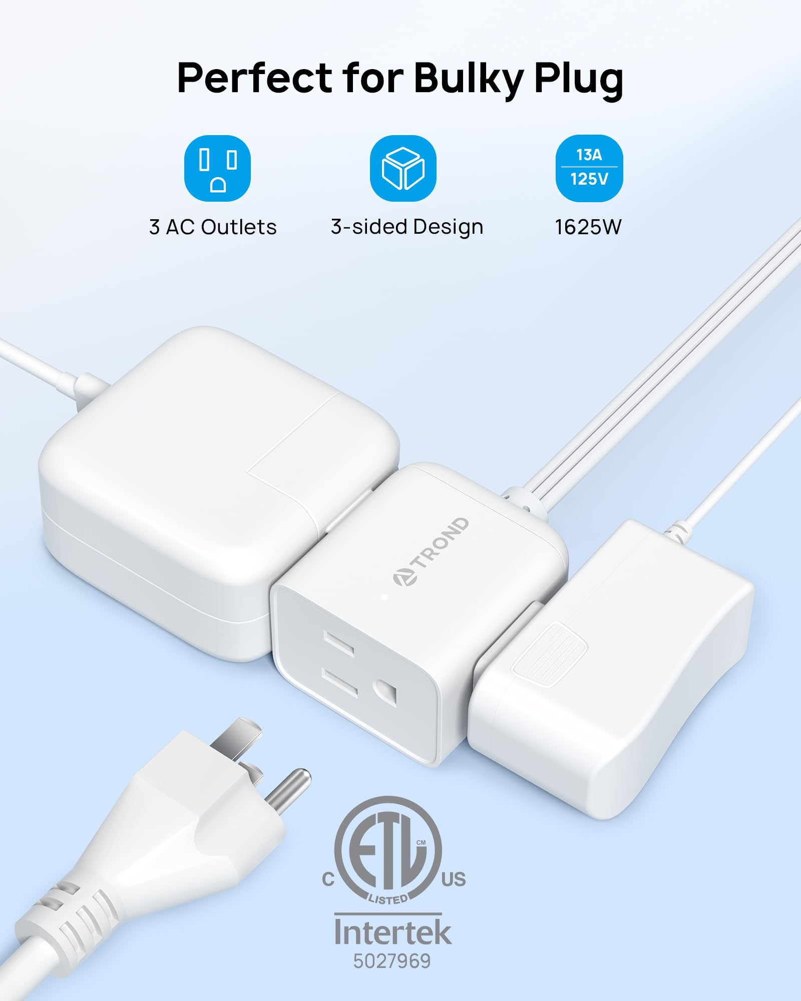 TROND 6ft Flat Extension Cord Indoor, 360° Rotating Plug Power Bar, 3 Way Outlets Extender, 13 Amps, 1625W, Small Flexible SPT 16/3 Cable Splitter for Hotel Cruise Ship Travel Essentials, White