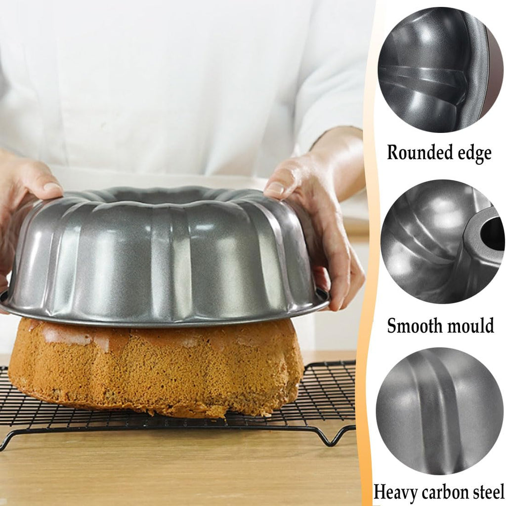 Cake Pans, 26cm/ 10'' Non-Stick Fluted Cake Pan, Heavy Duty Carbon Steel Tube Pan Baking Mold, Perfect Bakeware for Bavarois, Brownie, Jello, Flan, Meatloaf,Pudding (10'')