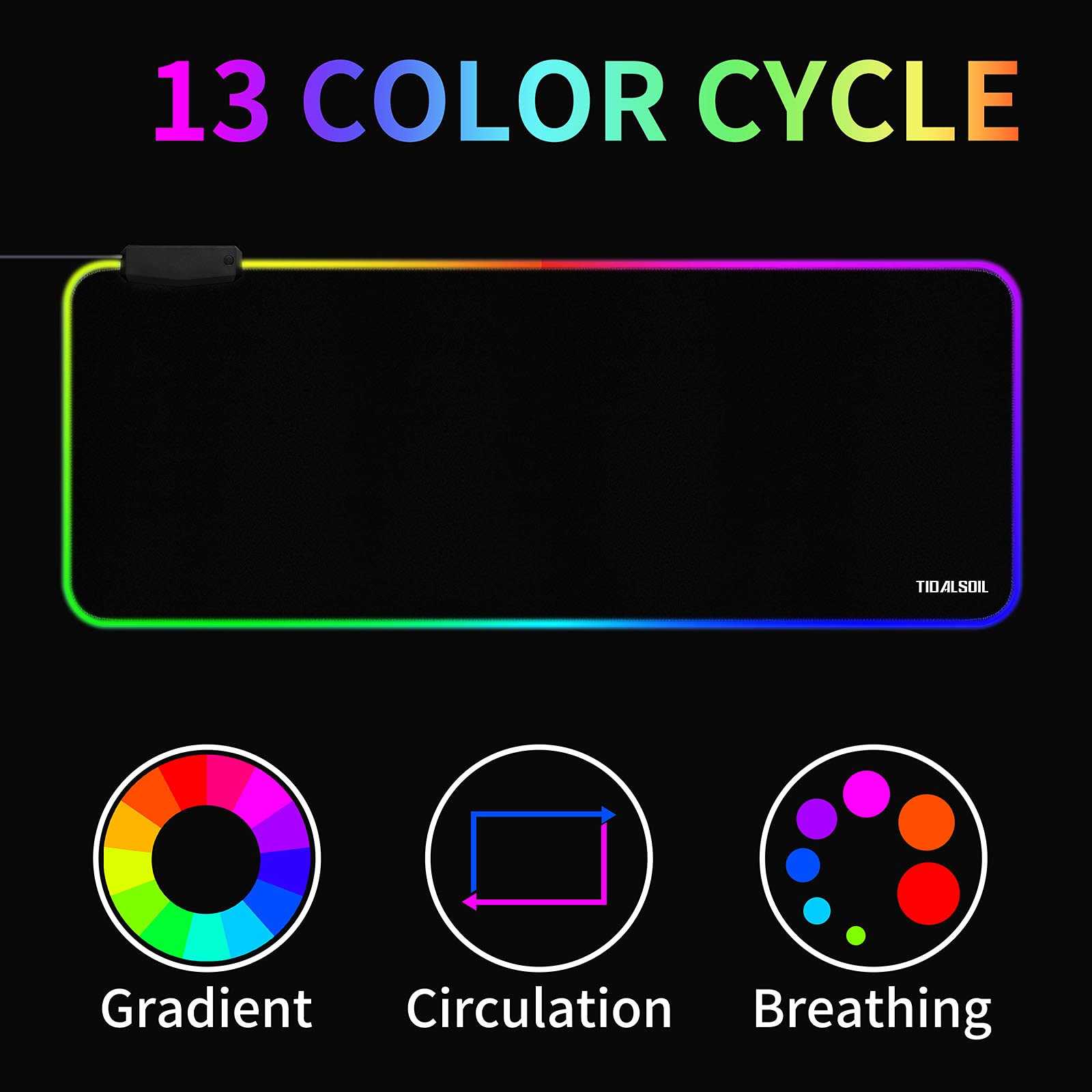 TIDALSOIL RGB Gaming Mouse Pad with 4-Port USB Hub and 13 Lighting Modes, Oversize Anti-Slip Rubber Base with Waterproof Coating Mouse Mat for Computer PC Games, 80 x 30 cm, Black