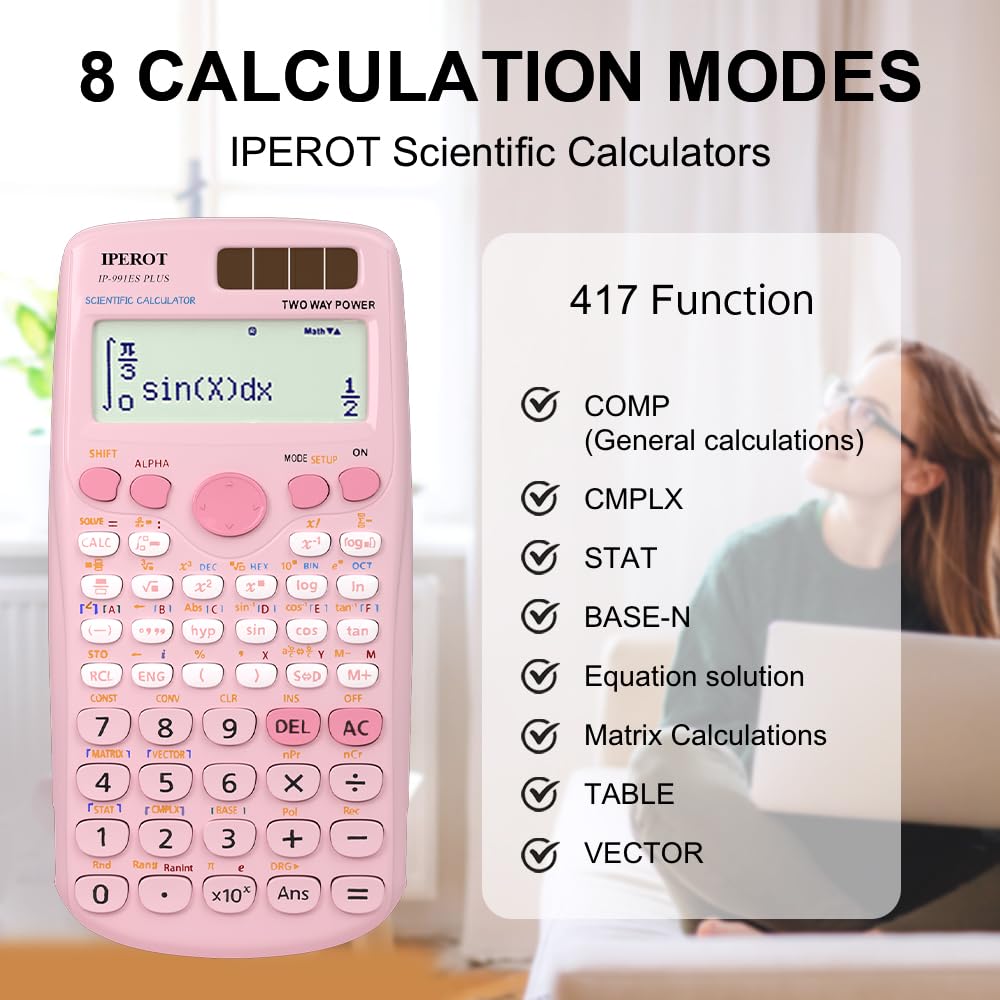 Scientific Calculators, IPEROT Solar Scientific Calculator Large Screen 417 Function, Calculators Very Suitable for High School and College Students Calculus Algebra and Other Math Textbooks (Pink)