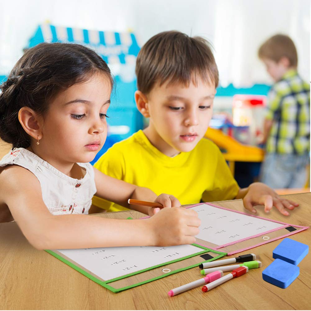 Dry Erase Pockets Sheet Protectors 30 Pack Reusable Oversized 10" x 13" Clear Durable Plastic Sleeves with 12 Pens, 4 Erasers and 2 Rings for Classroom Organization, Teacher and School Supplies