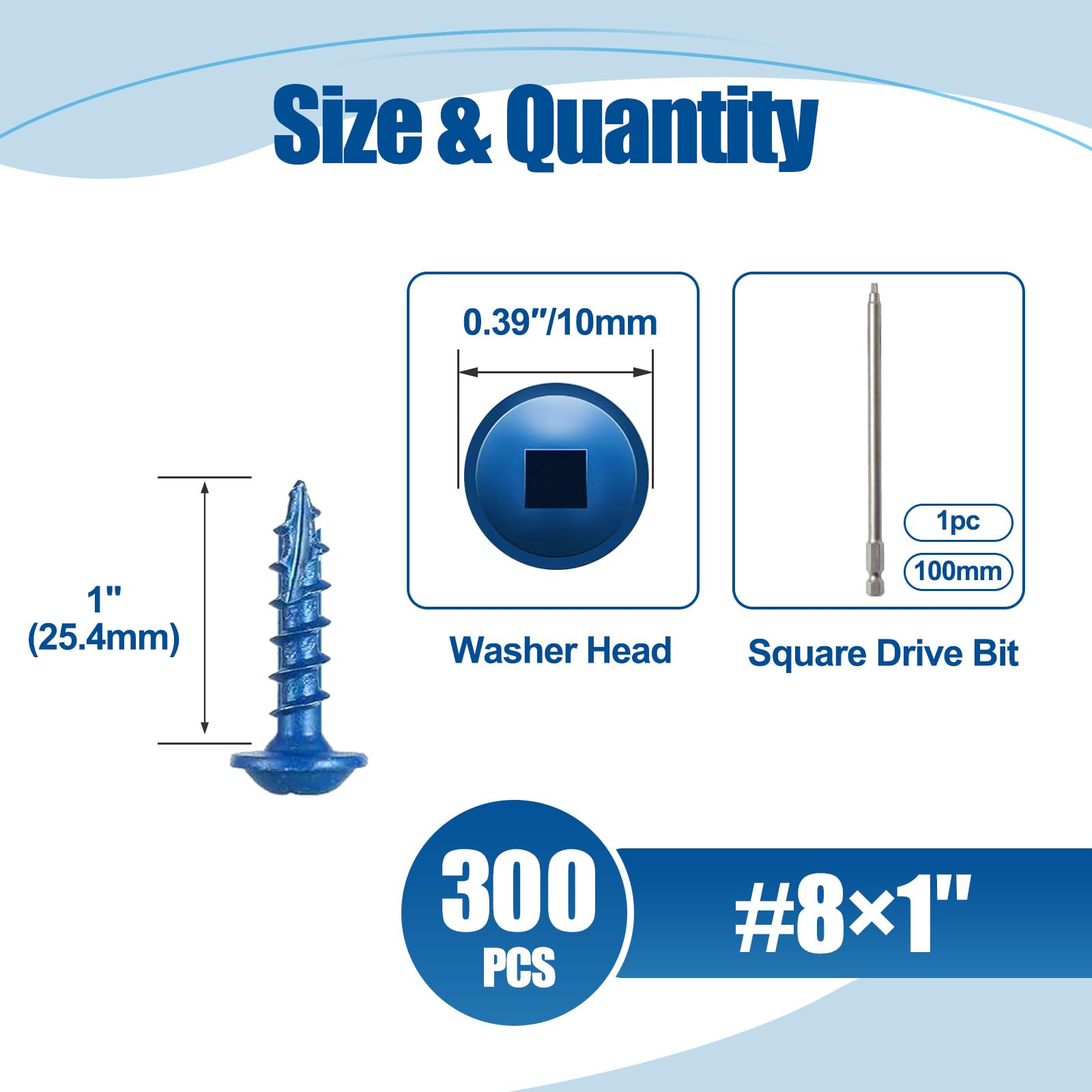 ANCHOREASE Pocket Hole Screws #8×1″, 300 PCS Exterior Pocket Screw, Coarse Thread, Square Drive, Washer Head, Blue Coated Wood Screws, 100mm Drive Bit Included