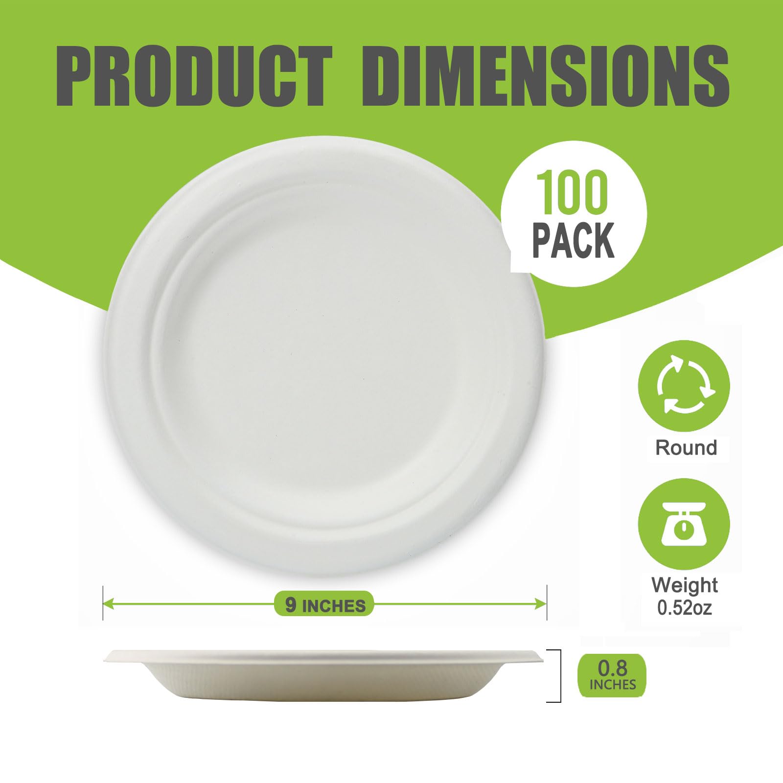 Disposable Large White Paper Plates 9 Inch - 100 Counts Heavy Duty Natural Bagasse Plates, Compostable & Oil-Proof, Microwave Safe for Family Christmas Dinner, Kids Pizza Nights & Fried Chicken Meals