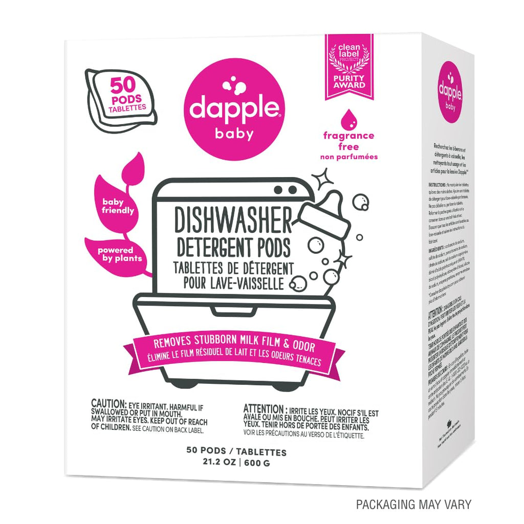 Dapple Baby Dishwasher Pods, Fragrance Free, Sulfate-Free, Hypoallergenic, Removes Milk Residue & Odor on Dishes, Baby Bottles & Kitchenware, 50 Count