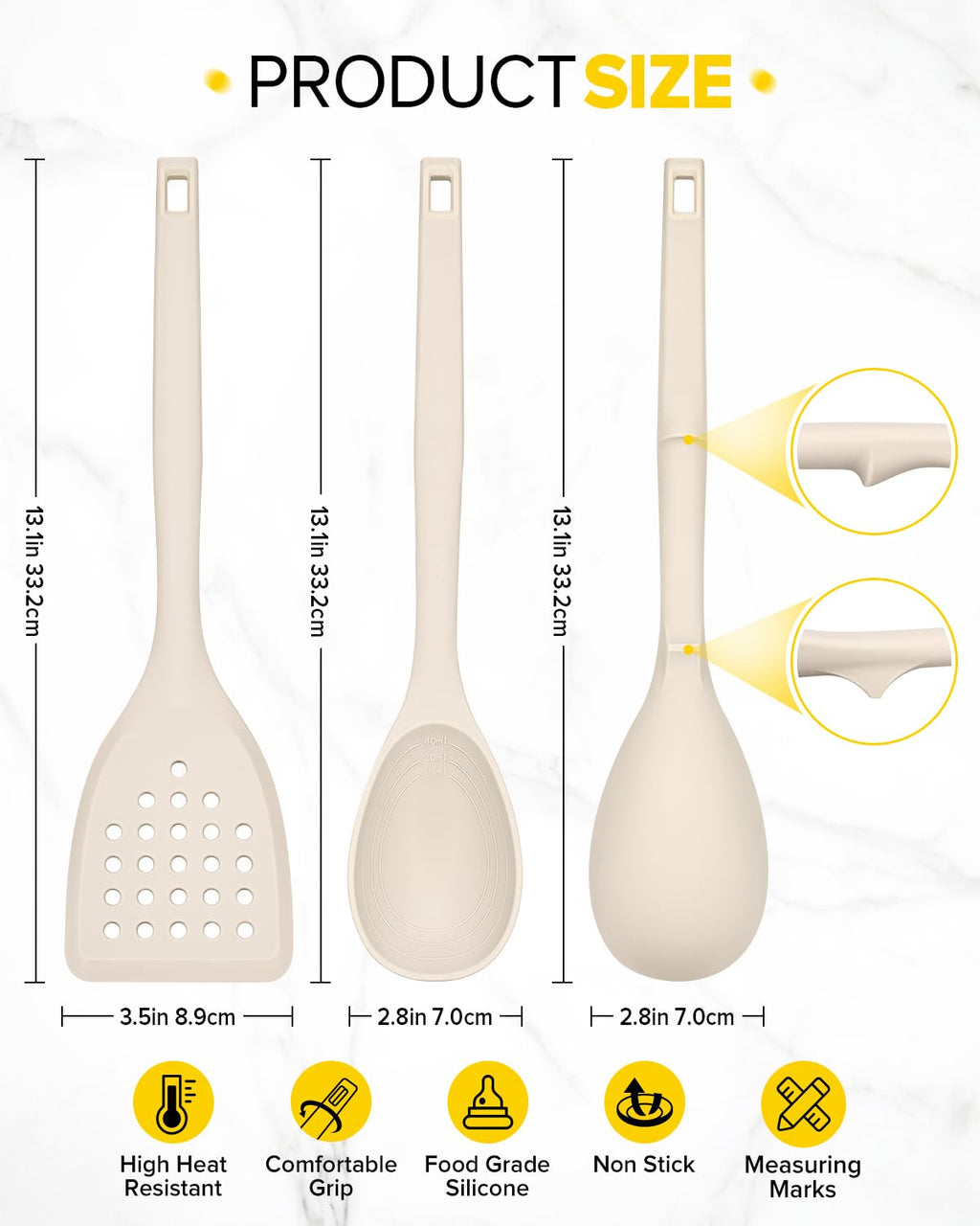 Pack of 4 Silicone Cooking Utensils Set, Non Stick Solid Spatulas and Heat Resistant Slotted Spoons with Back Hooks, Ideal BPA Free Kitchen Utensils Set for Frying,Serving,Turning,Stirring(Khaki)