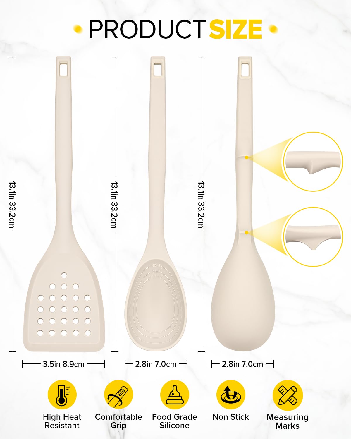 Pack of 4 Silicone Cooking Utensils Set, Non Stick Solid Spatulas and Heat Resistant Slotted Spoons with Back Hooks, Ideal BPA Free Kitchen Utensils Set for Frying,Serving,Turning,Stirring(Khaki)