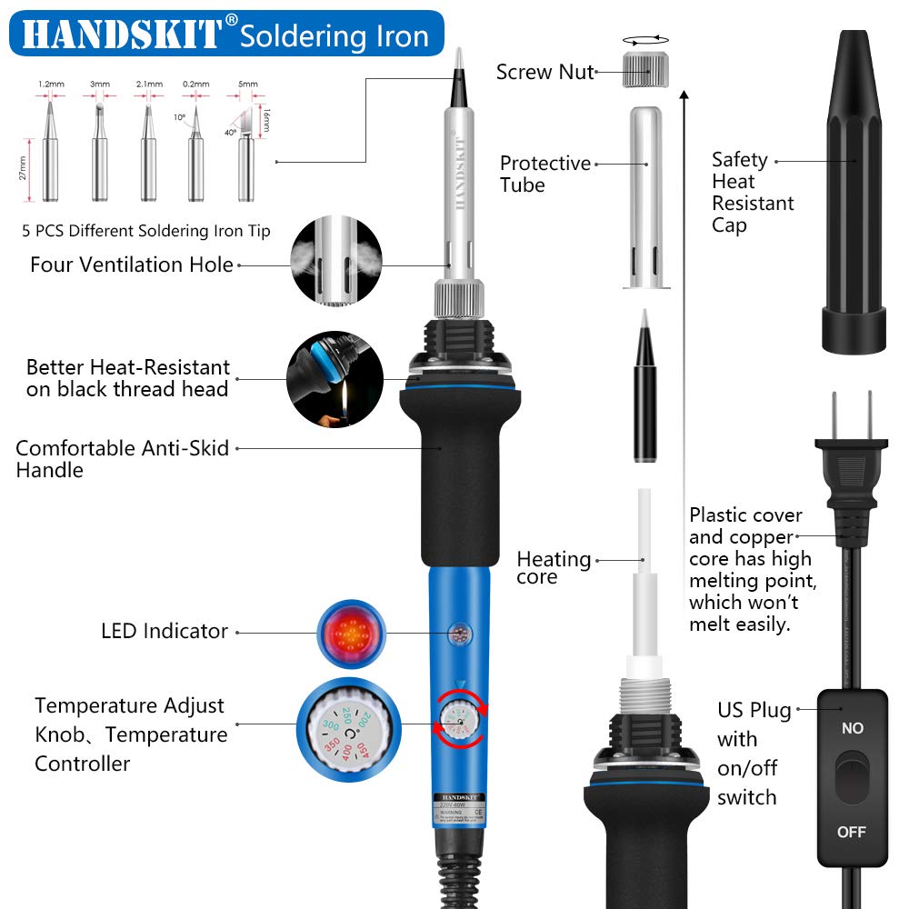 HANDSKIT Soldering Iron Kit, 60W Adjustable Temperature Welding Tool, 5pcs Soldering Iron Tip, Soldering Iron Stand, Desoldering Pump, Tweezers, Solder Wire, Carry Bag