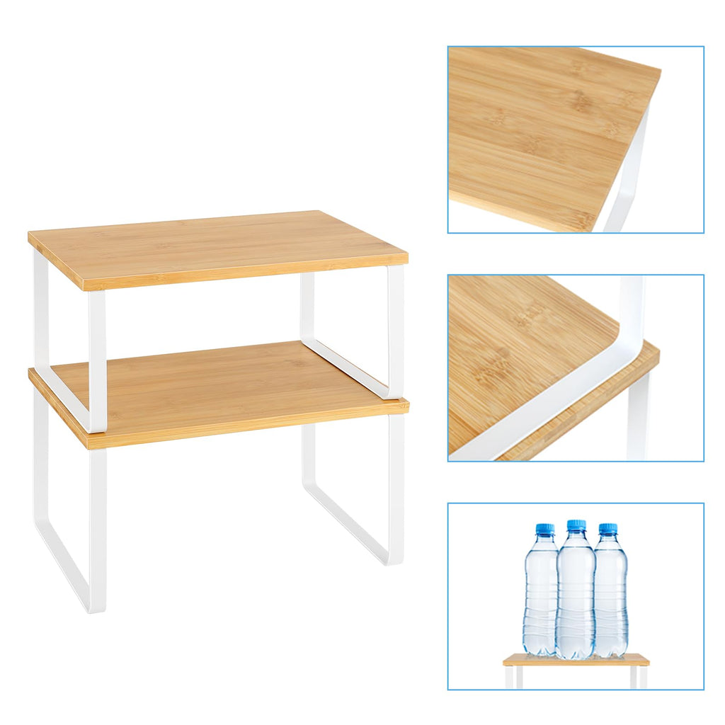 NEX Kitchen Cabinet and Counter Shelf Organizer, Stackable & Expandable, White and Natural