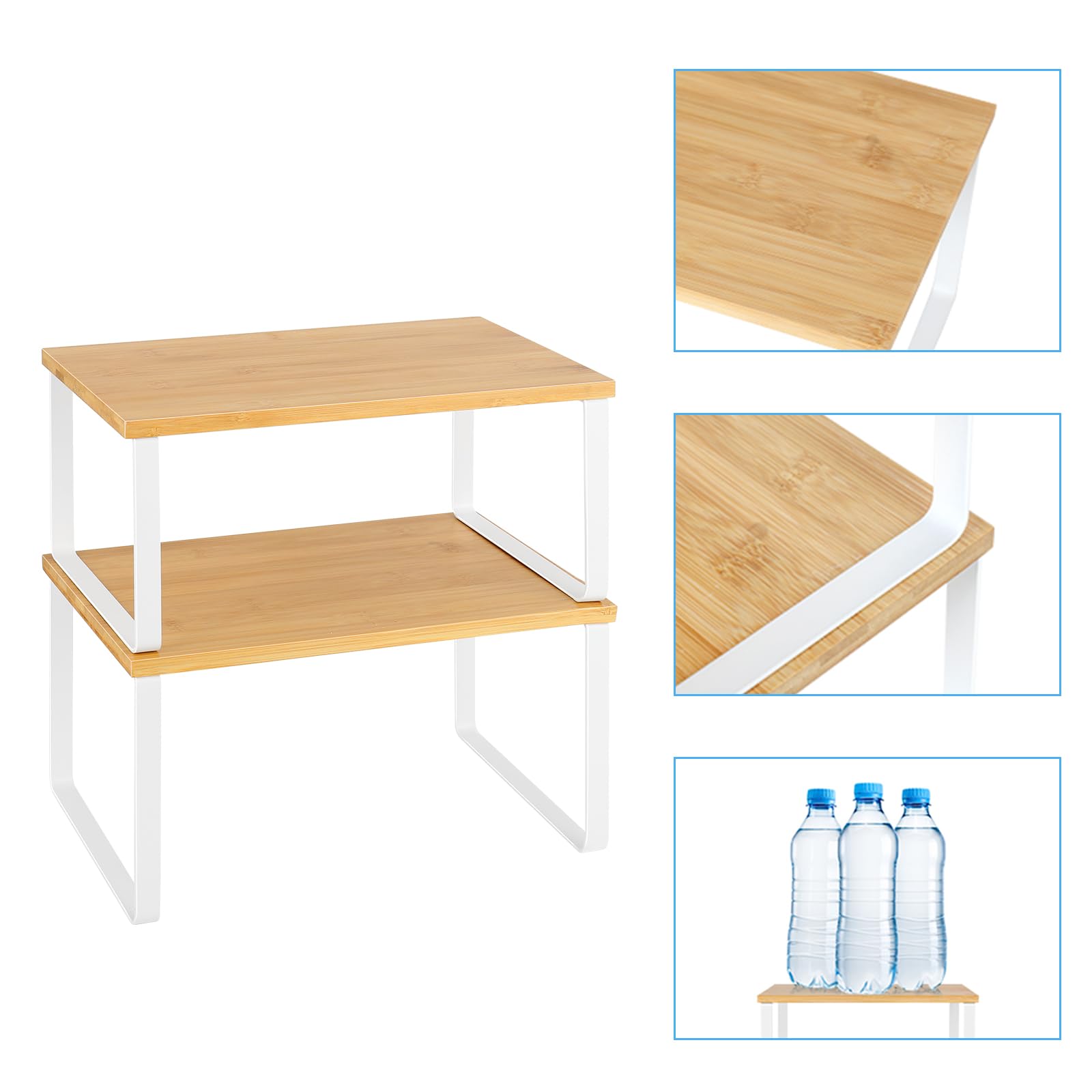 NEX Kitchen Cabinet and Counter Shelf Organizer, Stackable & Expandable, White and Natural