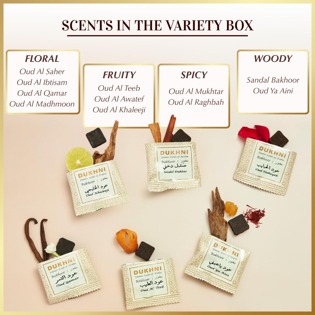 Oud Bakhoor Variety Box by Dukhni | Assorted Box | 30 Pieces Bukhoor | Gift Set & Refill Kit | Arabic Bakhoor Incense | Perfect for Ramadan Prayer and Gifting | Luxurious, Long Lasting
