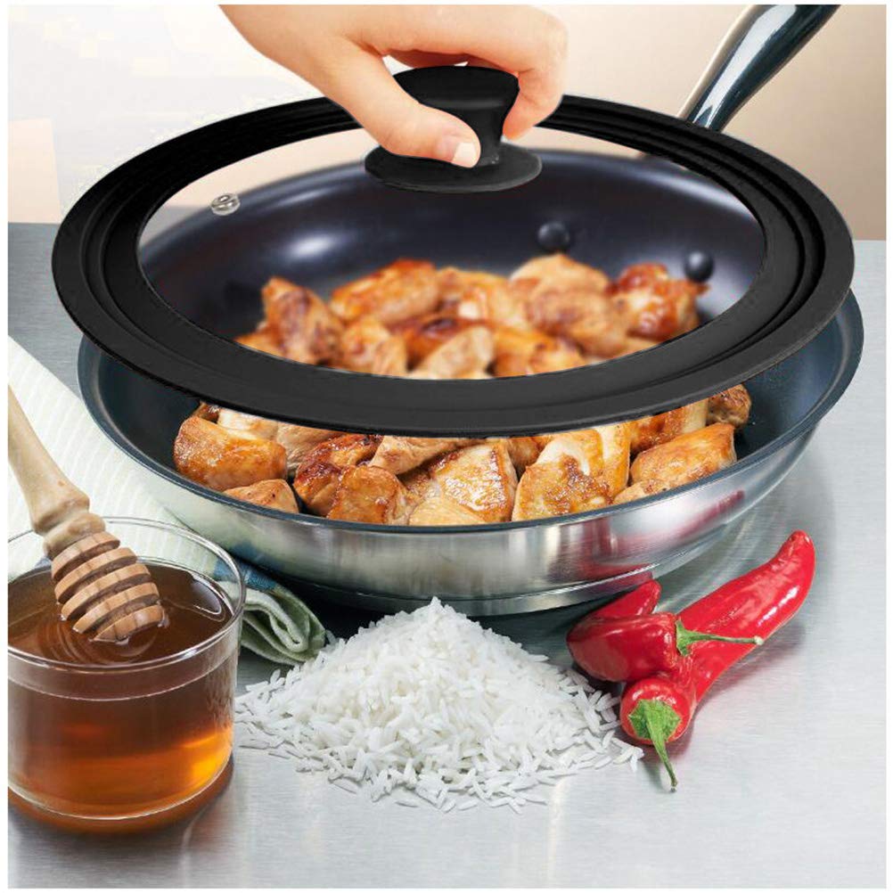 TIMESETL Universal Lid for Pots, Pans and Skillets, Anti Scalding Tempered Pot Lid with Heat Resistant Silicone Rim Fits Sizes 24/26/28cm Diameter Cookware, Black