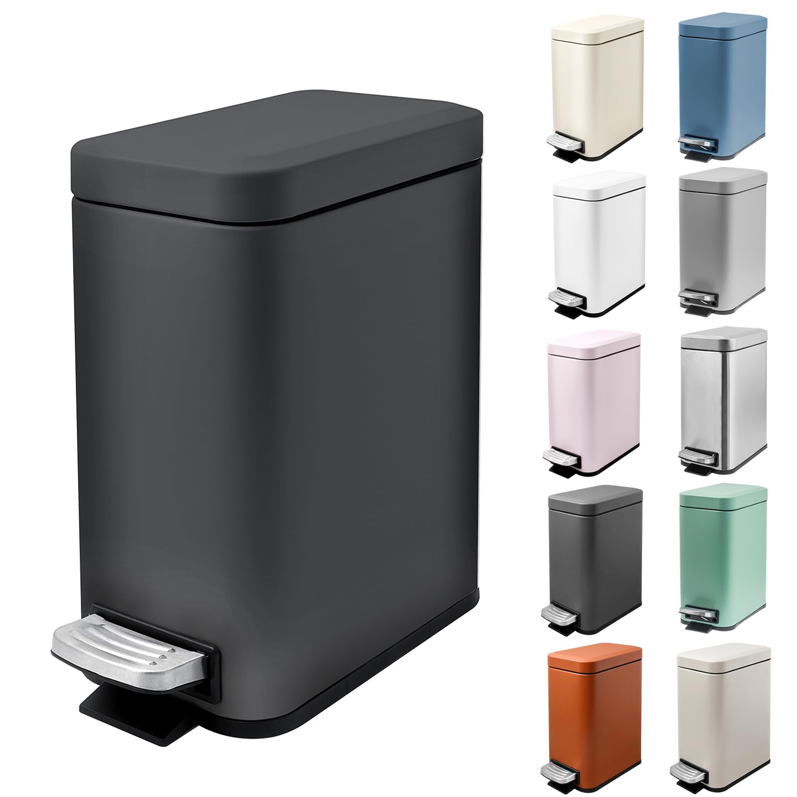 5 Liter/1.3 Gallon Slim Small Trash Can with Lid Soft Close, Stainless Steel Garbage Can for Bathroom Bedroom Office, Rectangular Step Trash Bin with Removable Inner Waste Basket (Black)