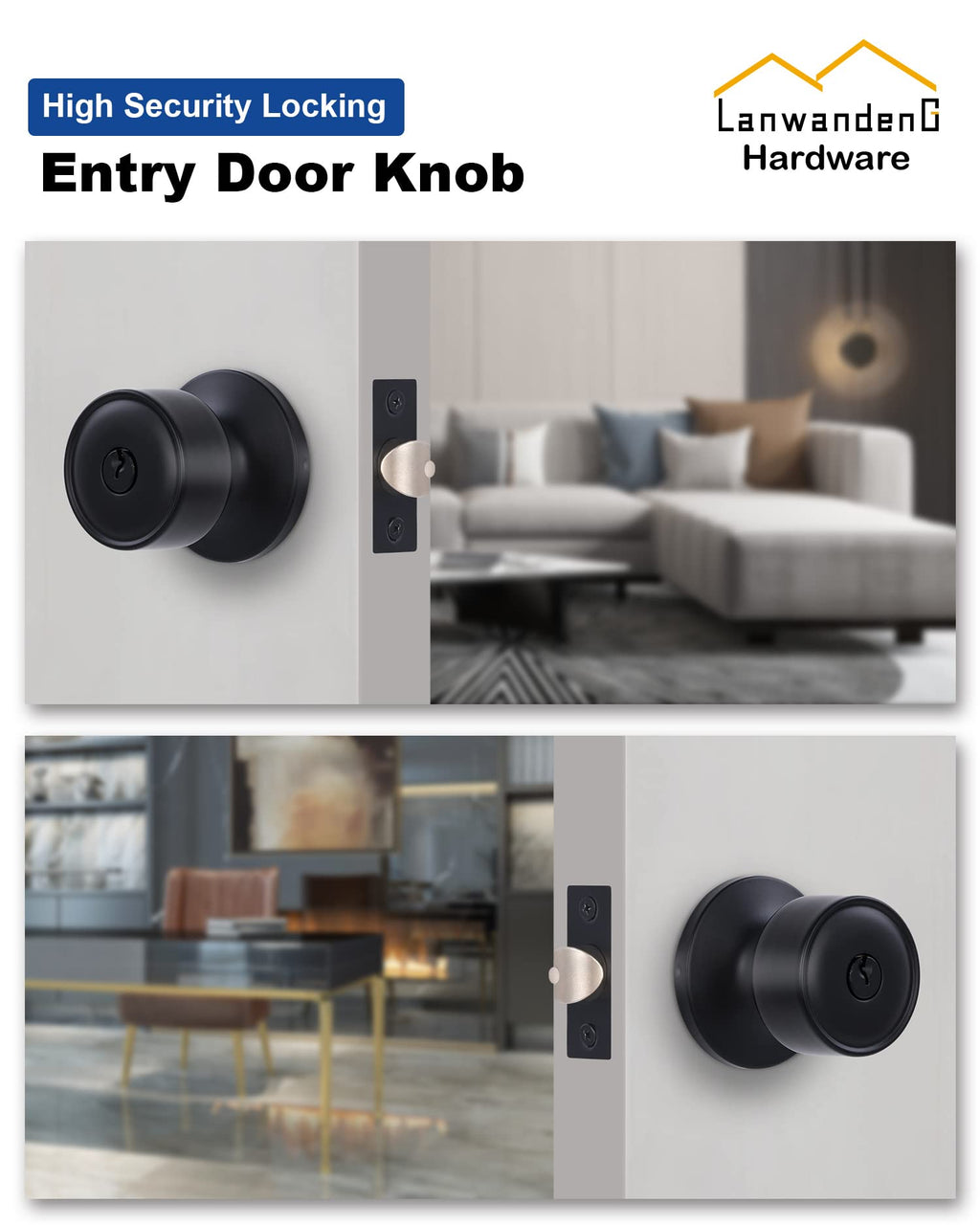 Lanwandeng Keyed Alike Entry Door Knob with Lock, Matte Black Door knobs with Lock for Bedroom/Bathrooom, Exterior/Entrance Door Lock