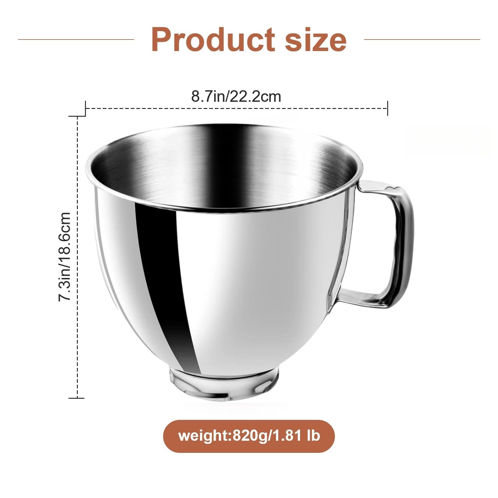 5 Quart Stainless Steel Mixer Bowl Compatible with KitchenAid 4.5 & 5 QT Tilt-Head Stand Mixers, Durable KitchenAid Replacement Bowl, Mixer Accessories for Baking & Cooking (5qt)