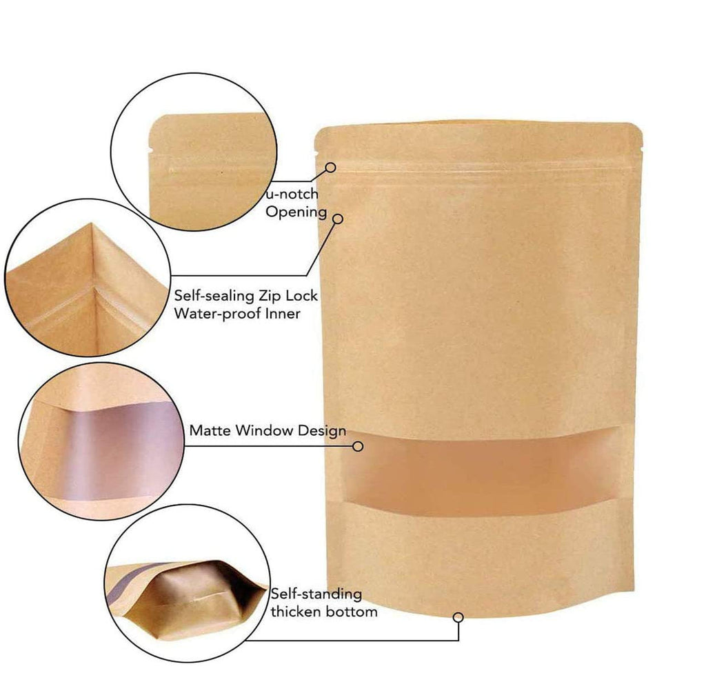 SONYANG 100 Pcs Kraft Paper Bags with Window Stand Up Pouches Bags, Zip Lock Food Storage Bags for Packaging Products, Reusable, Sealable (Brown, 7.9x11.8 inch)