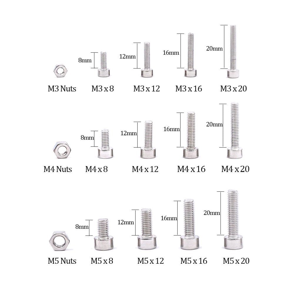 Glarks 510Pcs M3 M4 M5 304 Stainless Steel Hex Socket Head Cap Screws With Nuts Assortment Kit
