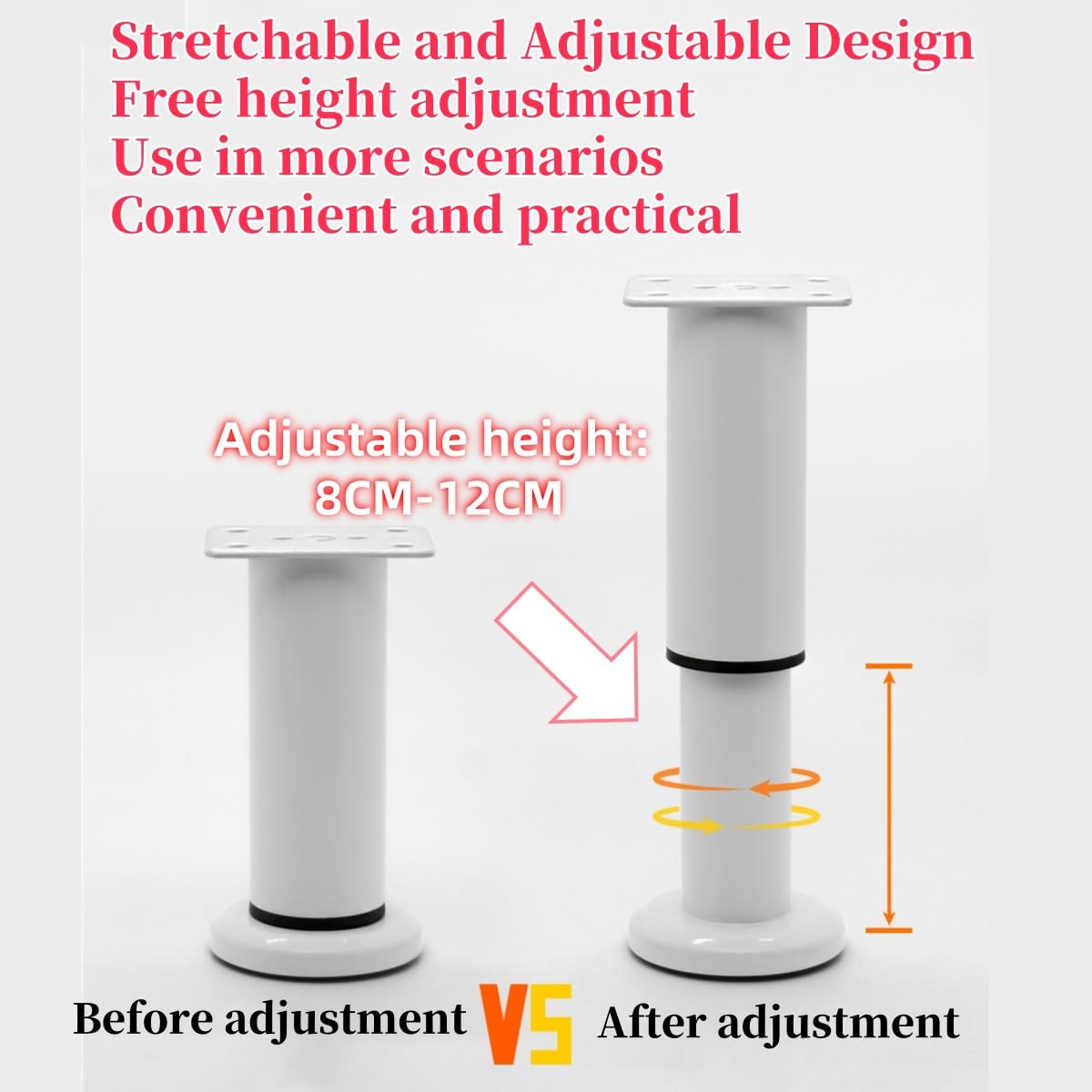 4Pack Adjustable Height Cabinet Support Legs Heavy Duty 3.1-4.7" -for Sofa/Cabinet/Nightstand Replacement Legs, Anti-Slip Base & Wobble-Free Design(White)