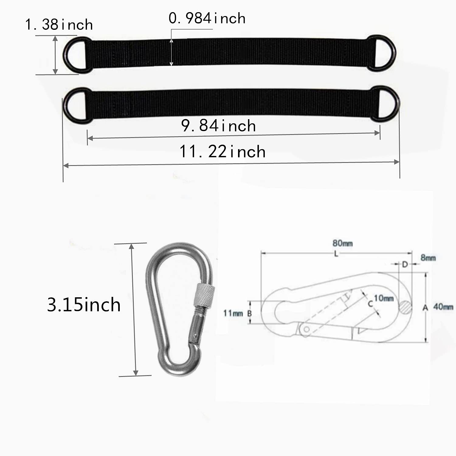 Short Straps Tree Swing Strap Hanging Kit,Hammock Straps 2 Pcs 9.84inches with Heavy Duty Safety Lock Carabiner Hooks for Swing Hammocks Yoga Seat Sandbags Gym Equipment Pulley System