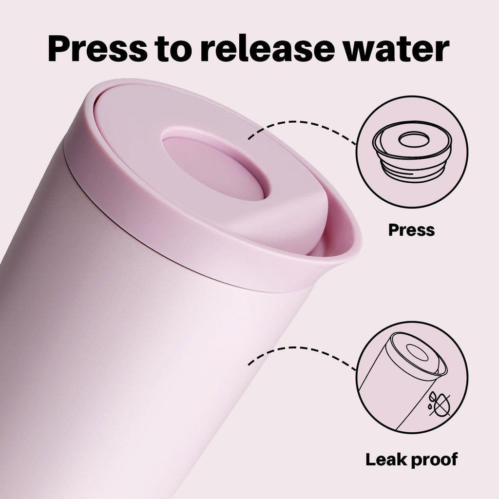 bottlebottle Insulated Travel Mug, Stainless Steel, 350ml, Push Button Lid, Keeps Cold for 12 Hours, Keeps Hot for 8 Hours, Stylish Design (Pink)