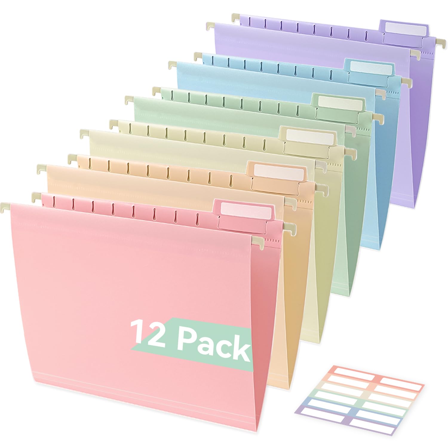 SortRax Plastic Hanging File Folders, Letter Size, 12 Pack Pastel Hanging Folders, with Insertable 1/5-Cut Tabs for Filing Cabinets