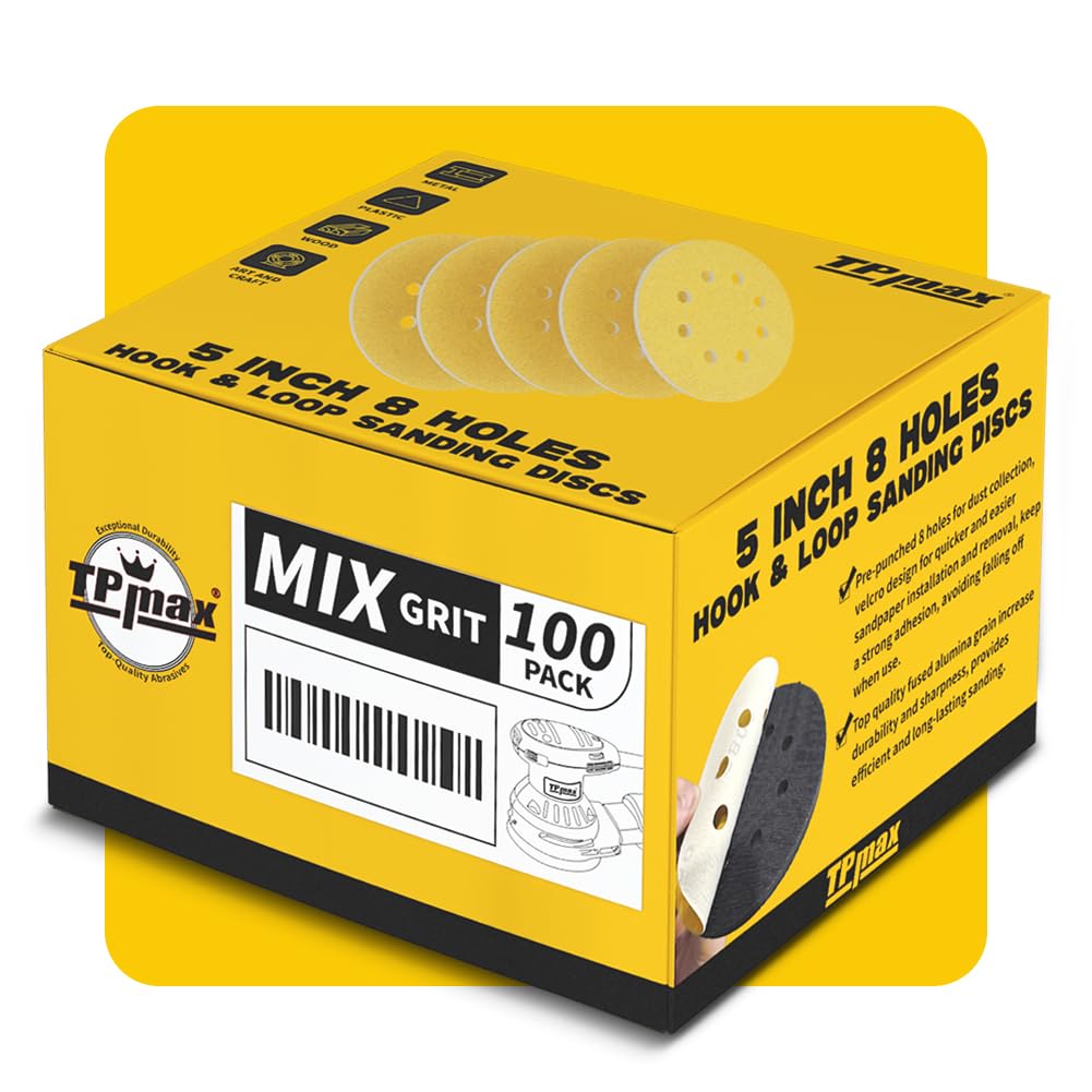 100PCS 5 Inch 125mm 8 Hole Sanding Discs Sandpaper Mixed Grits - Premium Gold Round Hook and Loop for Random Orbital Sander (60, 80, 120, 220, 320 Grit Variety Pack)