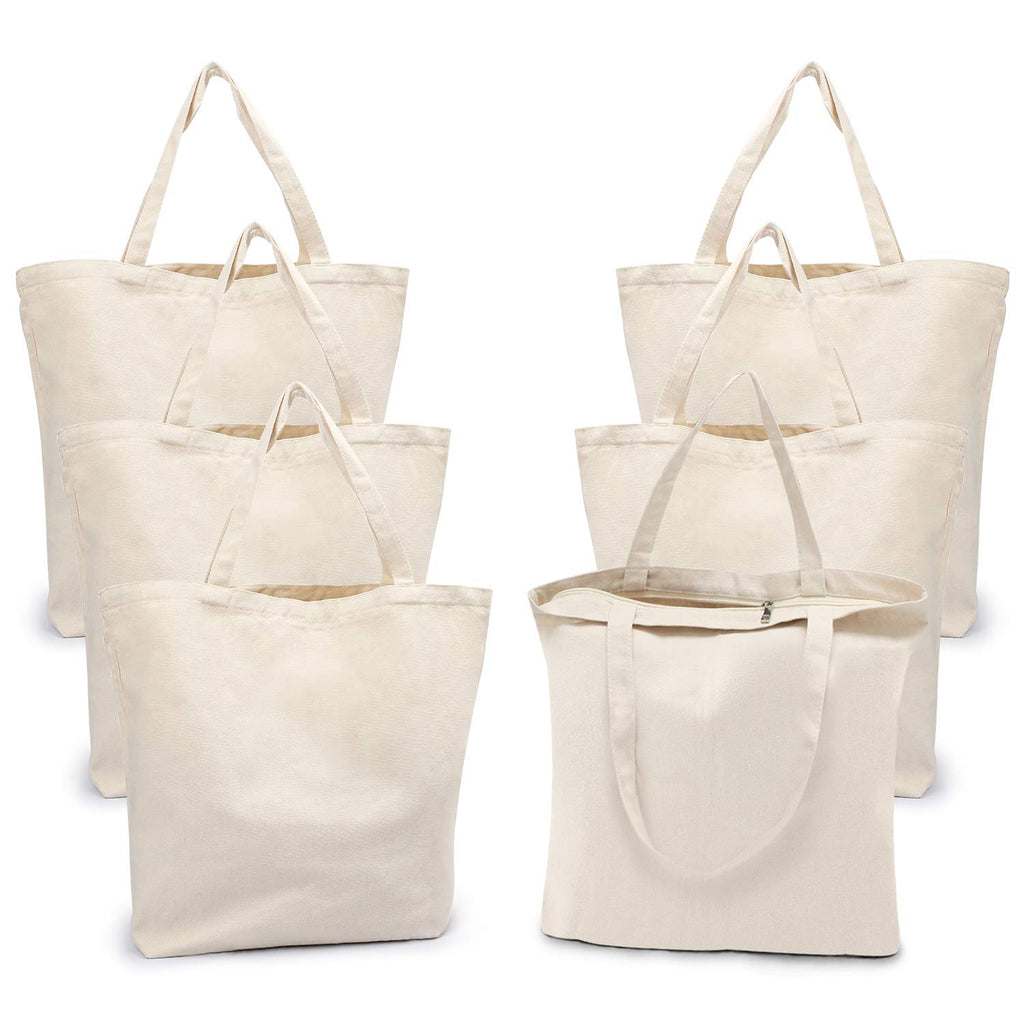 Canvas Tote Bag with Zipper, 6 PACKS Segarty Cotton Bags with Handles, 12Oz Thick Reusable Washale Grocery Shopping Bags Plain Bags for Women Teacher Kids DIY Art Crafts Painting Embroidery Decoration