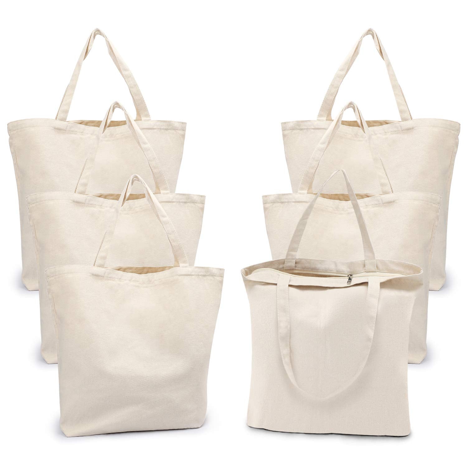 Canvas Tote Bag with Zipper, 6 PACKS Segarty Cotton Bags with Handles, 12Oz Thick Reusable Washale Grocery Shopping Bags Plain Bags for Women Teacher Kids DIY Art Crafts Painting Embroidery Decoration