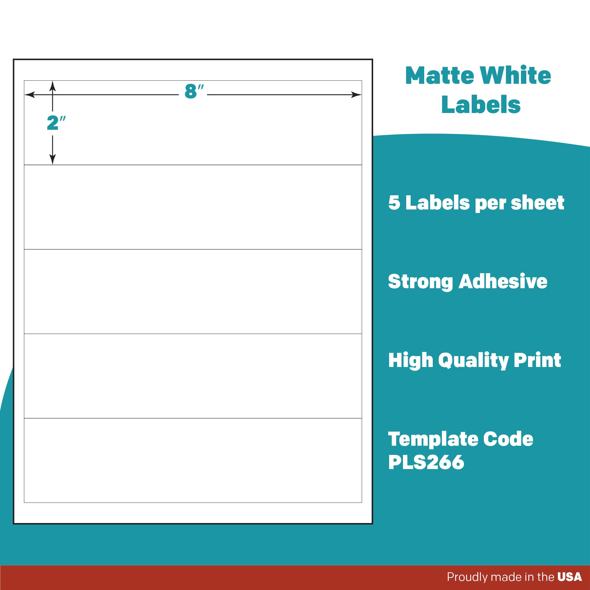Premium Label Supply Matte White Water Bottle Stickers- NOT Waterproof – 8" x 2" – Laser/Inkjet Compatible – (5 per Sheet), 25 Sheets – 125 Total Adhesive Labels