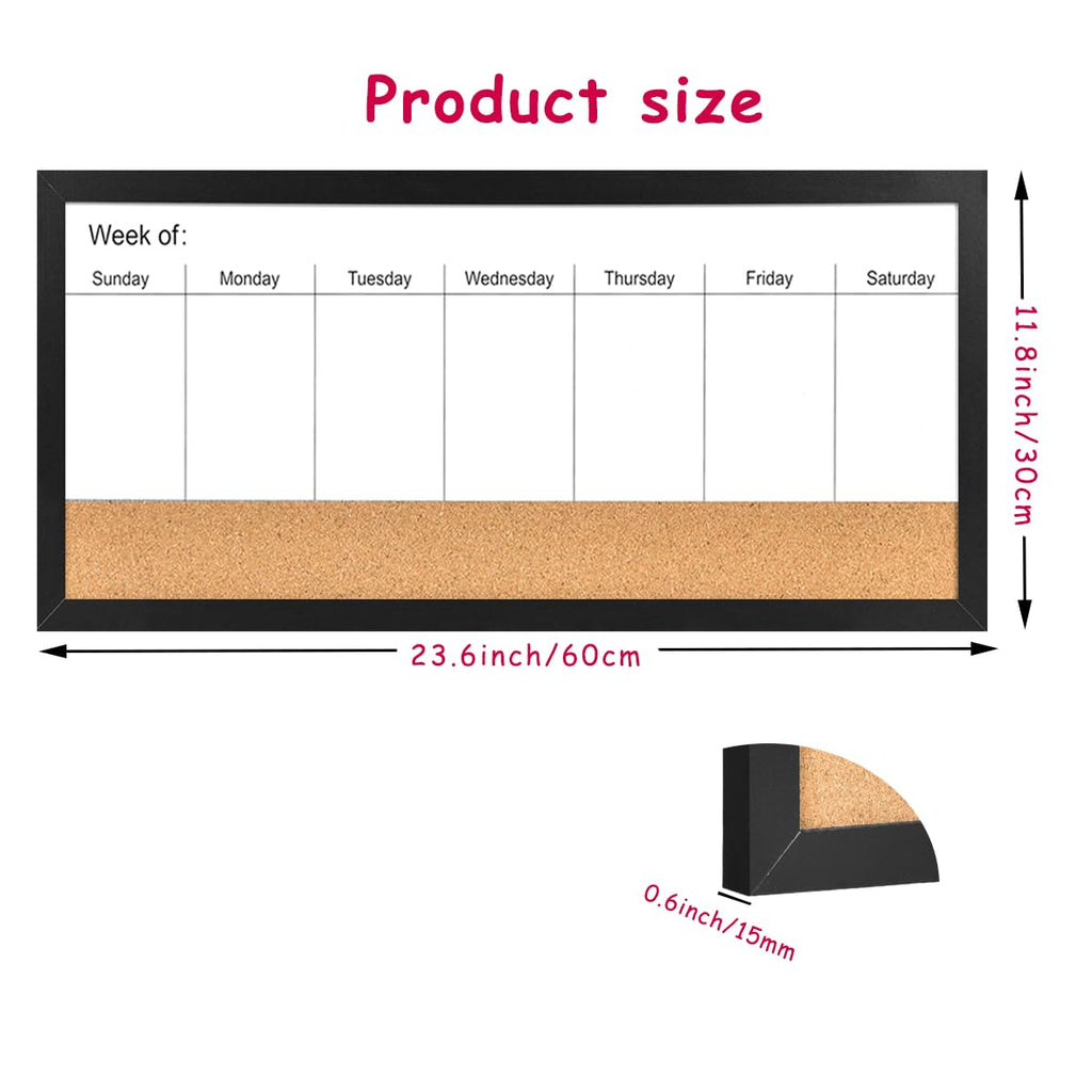 Umtiti Magnetic Weekly Dry Erase White Board and Cork Board, Black Wood Frame，Magnetic Surface Whiteboard for Home Office and Wall Decor(ZHZL-3060BK)