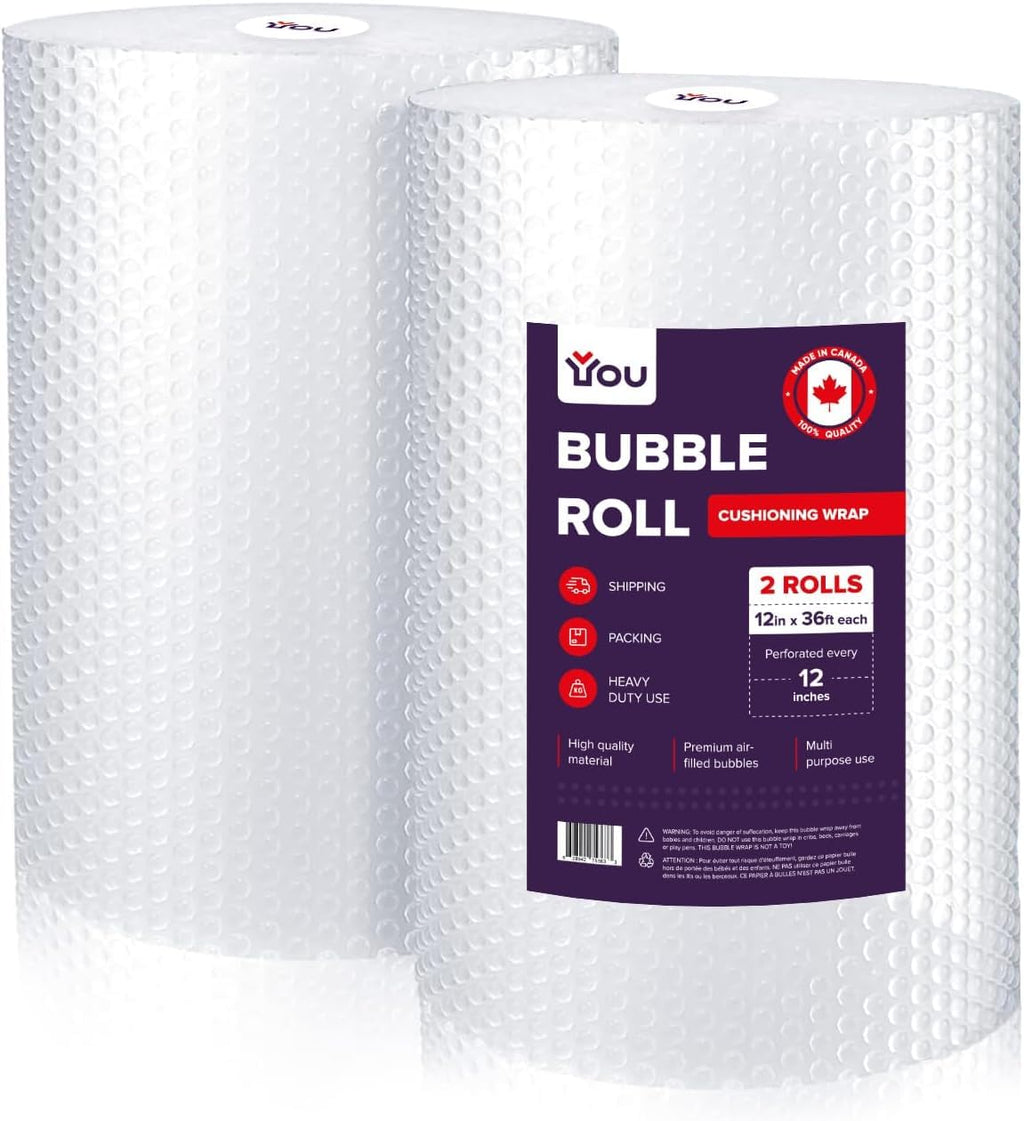 YOU Bubble Wrap Cushioning Rolls for Moving and Packing | Moving Supplies | Air Wrap | MADE in CANADA | 12 Inch x 72 Feet total | Perf every 12 inch | Papier bulle pour emballage | Small Bubble 3/16 |