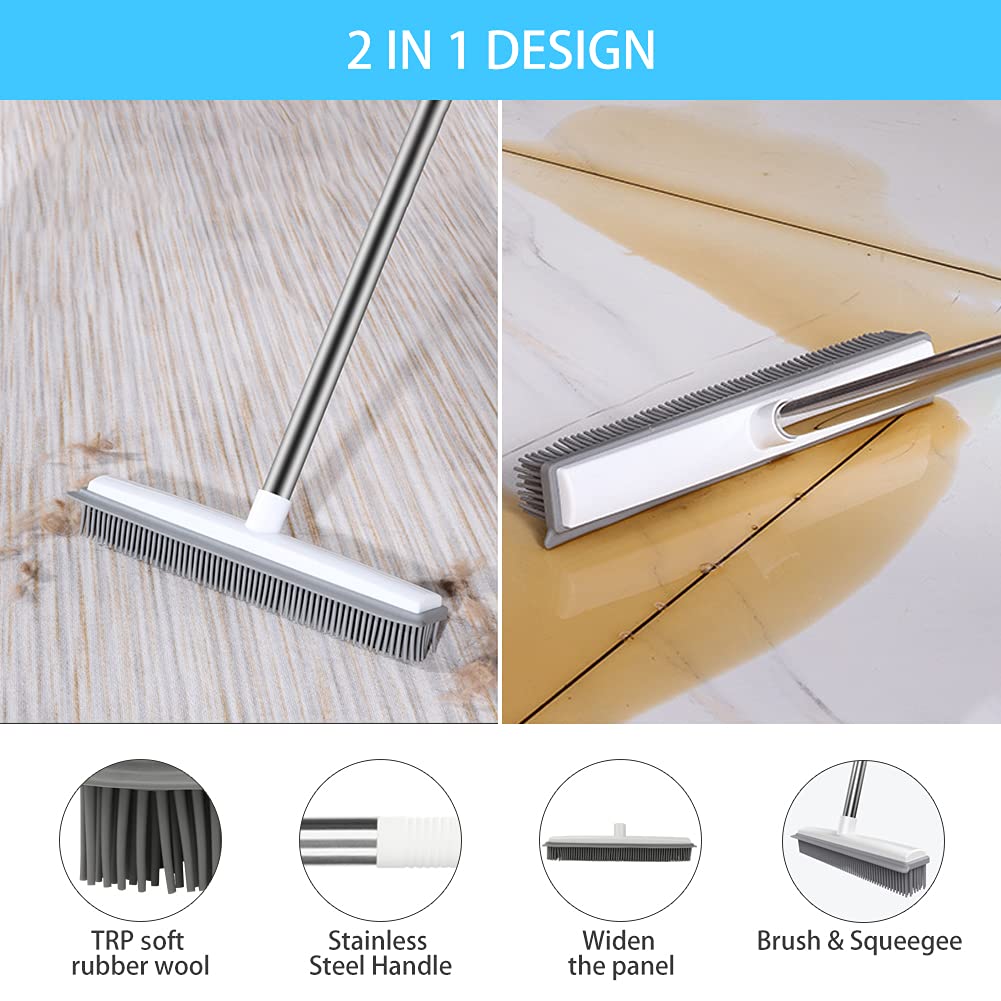 Push Broom Pet Hair Removal Broom with Squeegee, Soft Silicone Bristle Broom with 47" Adjustable Long Handle, Non Scratch Carpet Sweeper Brush for Cat/Dog Hair Hardwood Tile Windows