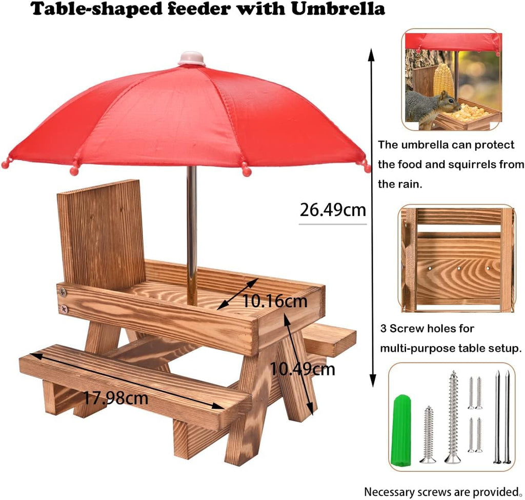 Squirrel Feeder Picnic Table with Umbrella and Corn Cob Holder, New Premium Gift for Squirrel and Chipmunk Lovers, Outdoor Garden Ornaments for Chipmunk Wildlife Bird Animal Bench Feeder