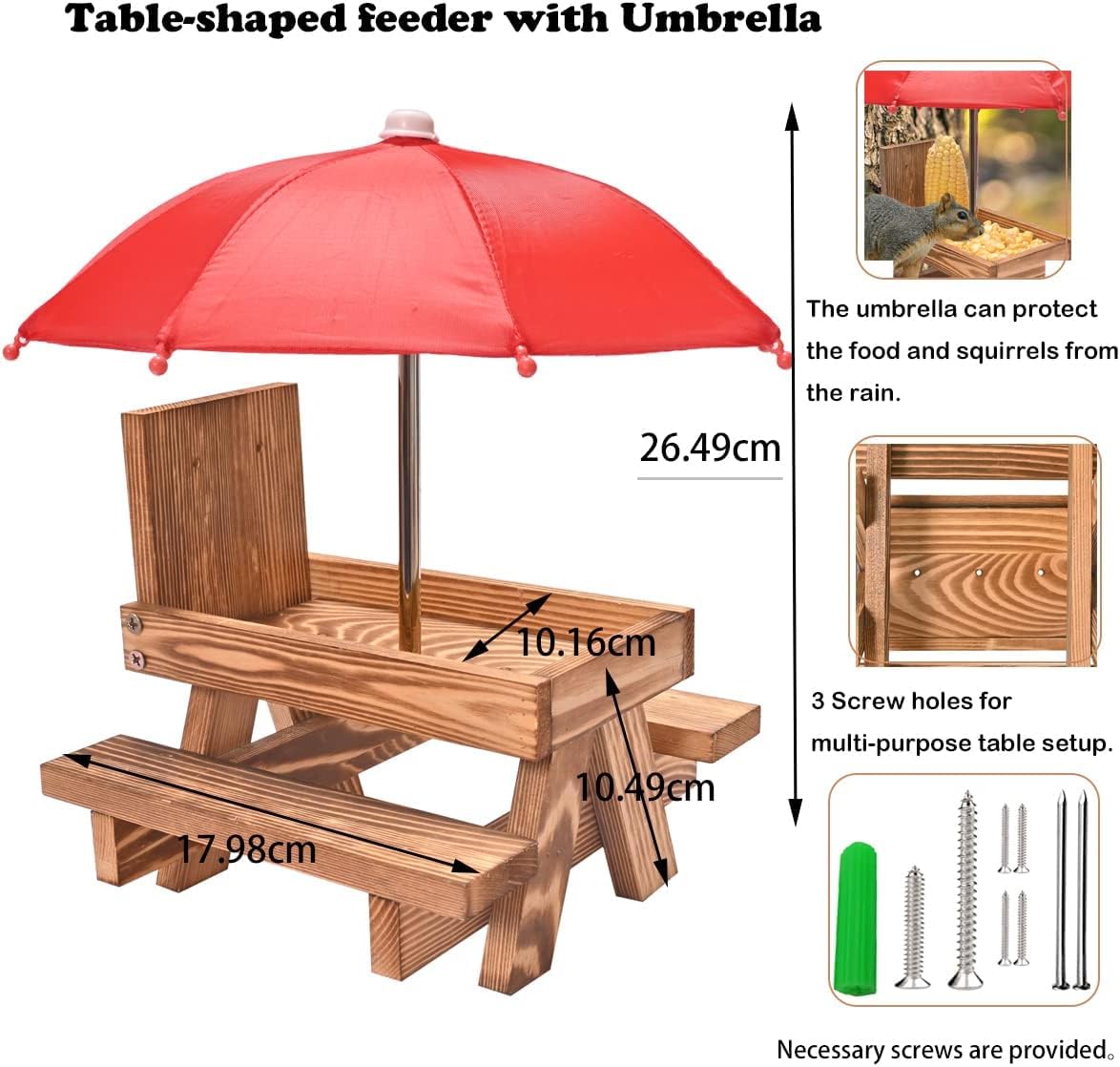 Squirrel Feeder Picnic Table with Umbrella and Corn Cob Holder, New Premium Gift for Squirrel and Chipmunk Lovers, Outdoor Garden Ornaments for Chipmunk Wildlife Bird Animal Bench Feeder