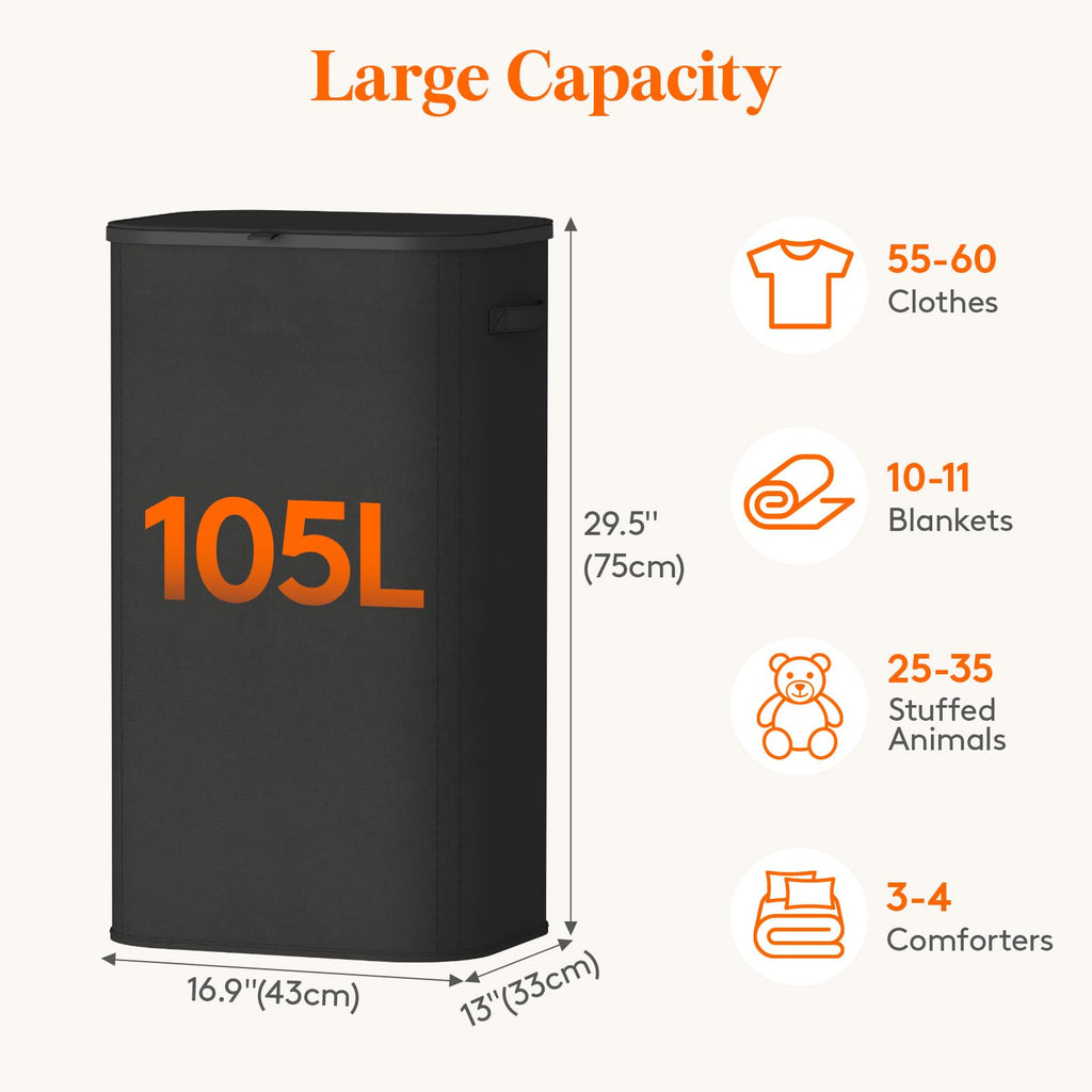 Lifewit 105L Laundry Basket with Lid, Large Laundry Hamper with Plastic Handles and Removable Bag, Foldable Tall Dirty Clothes Hampers for Laundry for Laundry Room, Bedroom, Bathroom, Dorm, Black