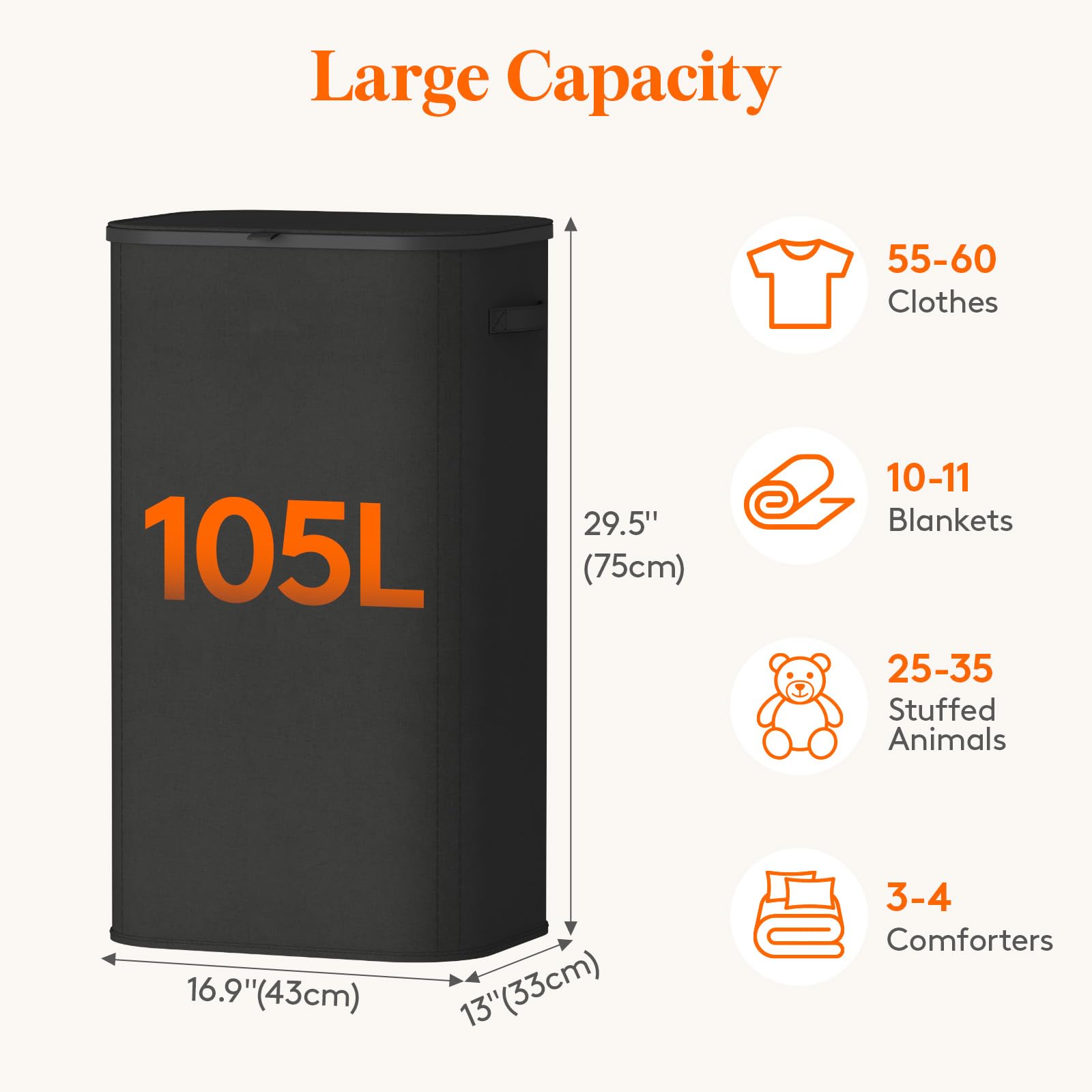 Lifewit 105L Laundry Basket with Lid, Large Laundry Hamper with Plastic Handles and Removable Bag, Foldable Tall Dirty Clothes Hampers for Laundry for Laundry Room, Bedroom, Bathroom, Dorm, Black